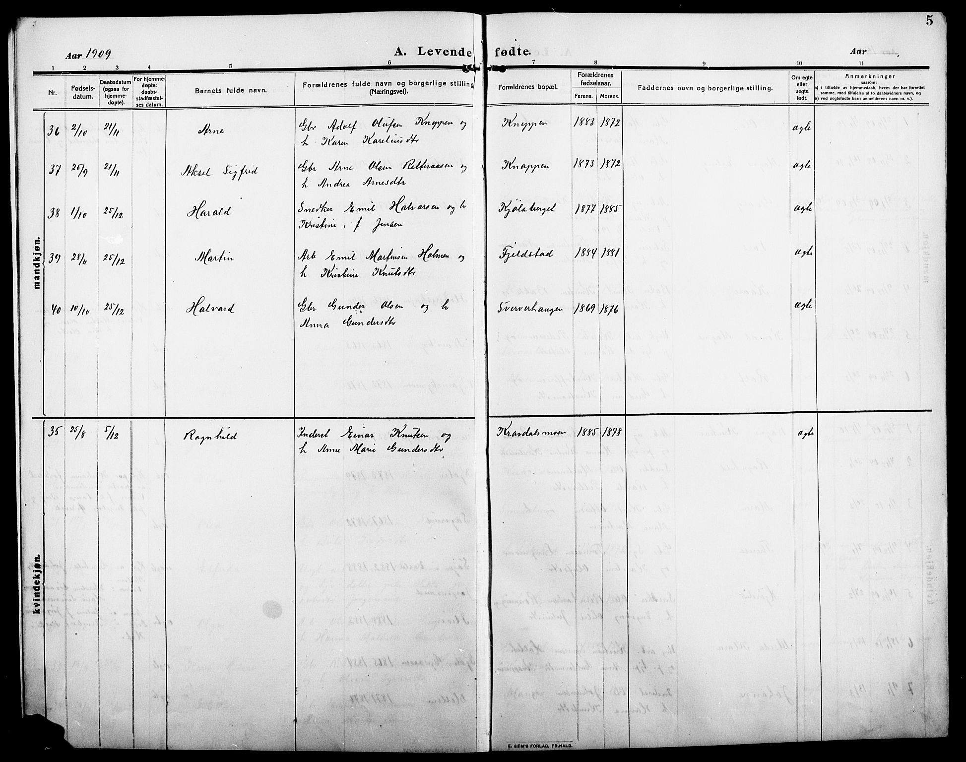 Åsnes prestekontor, AV/SAH-PREST-042/H/Ha/Hab/L0007: Parish register (copy) no. 7, 1909-1926, p. 5