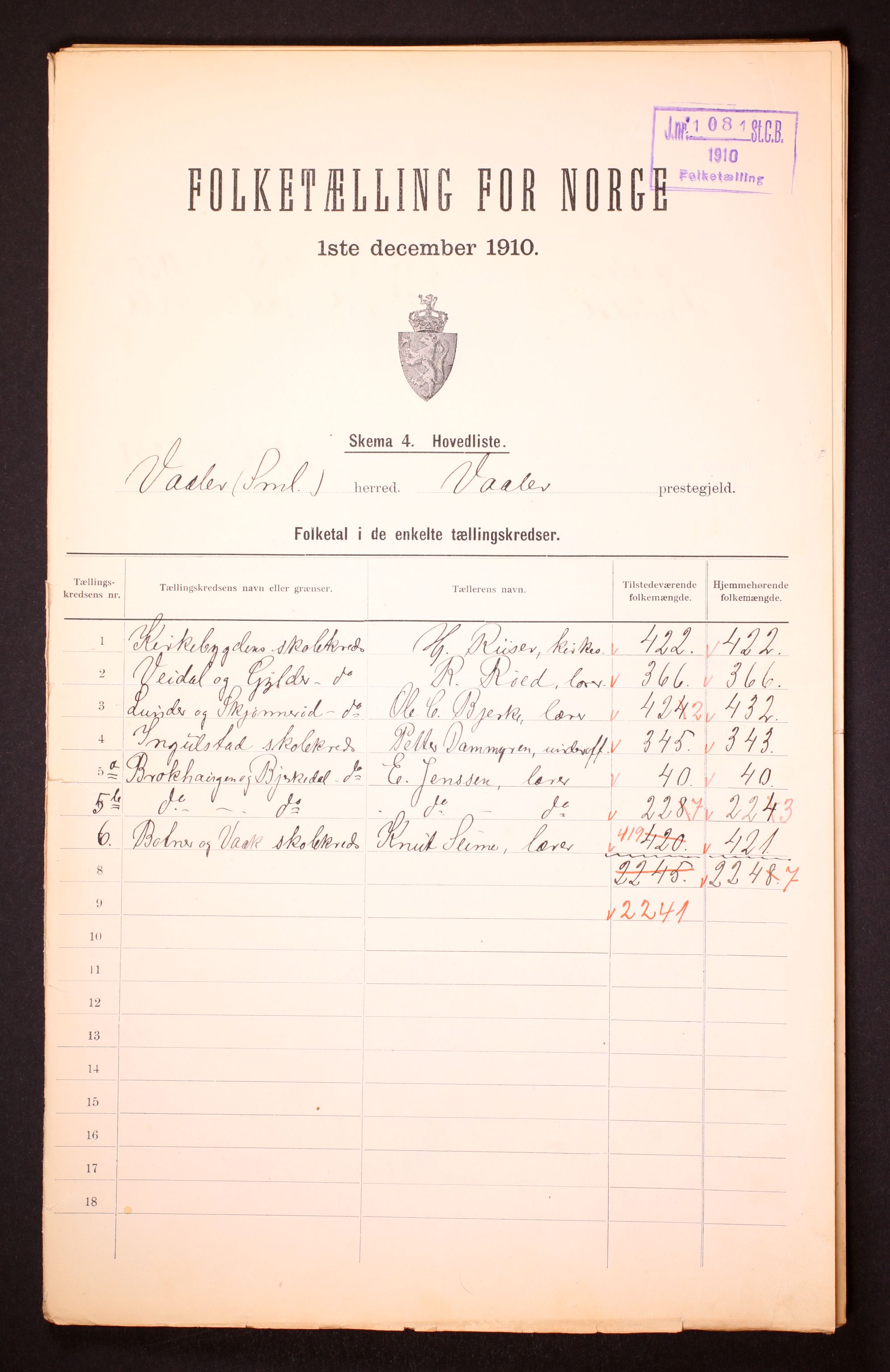 RA, 1910 census for Våler, 1910, p. 2