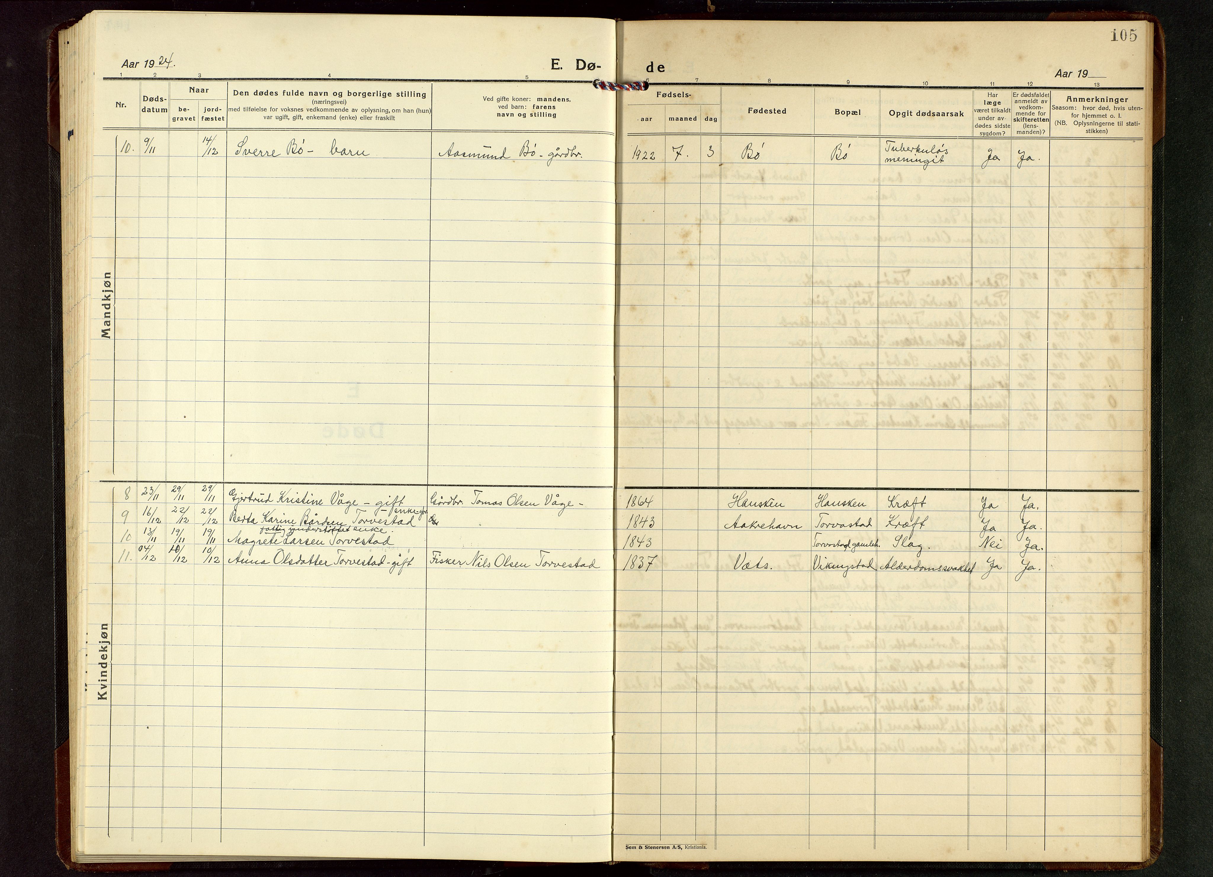 Torvastad sokneprestkontor, AV/SAST-A -101857/H/Ha/Hab/L0009: Parish register (copy) no. B 9, 1924-1949, p. 105