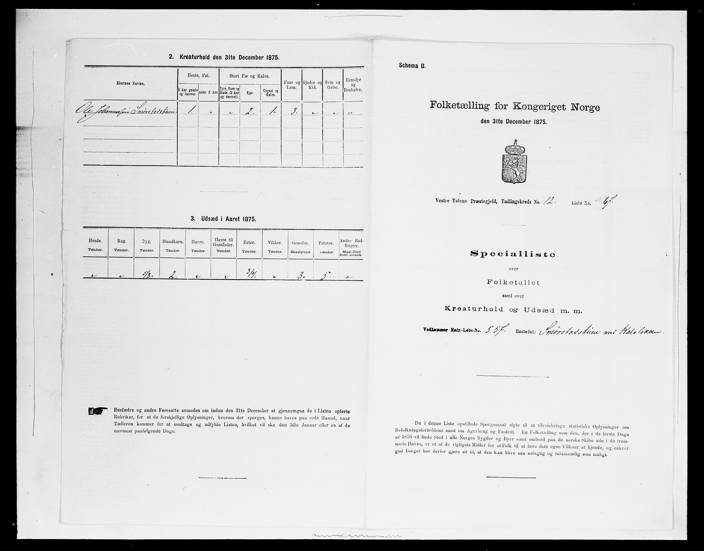 SAH, 1875 census for 0529P Vestre Toten, 1875, p. 2334