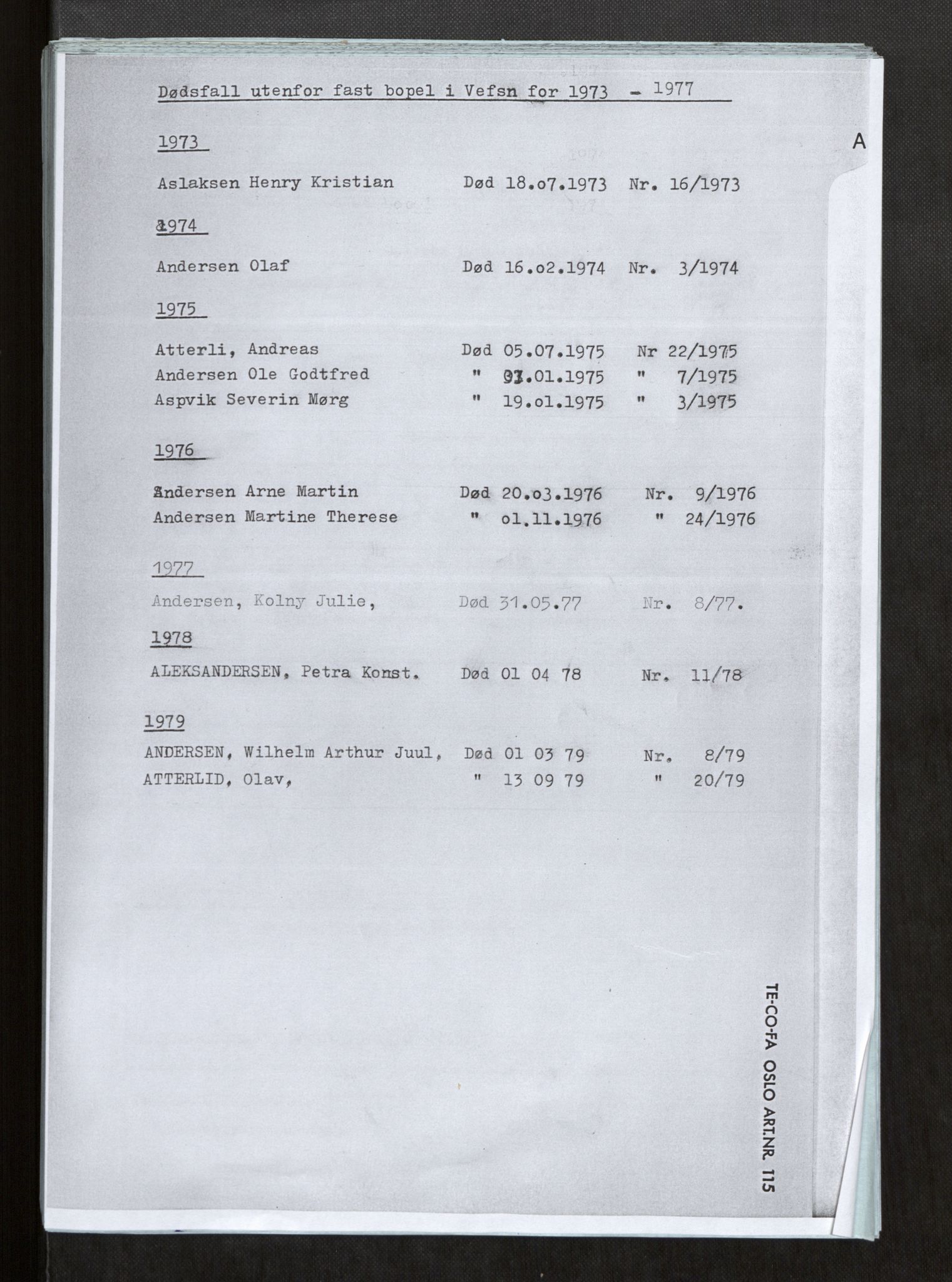 Vefsn lensmannskontor, SAT/A-5714/4/Gh/L0001: Dødsfallprotokoll, 1973-1990, p. 2