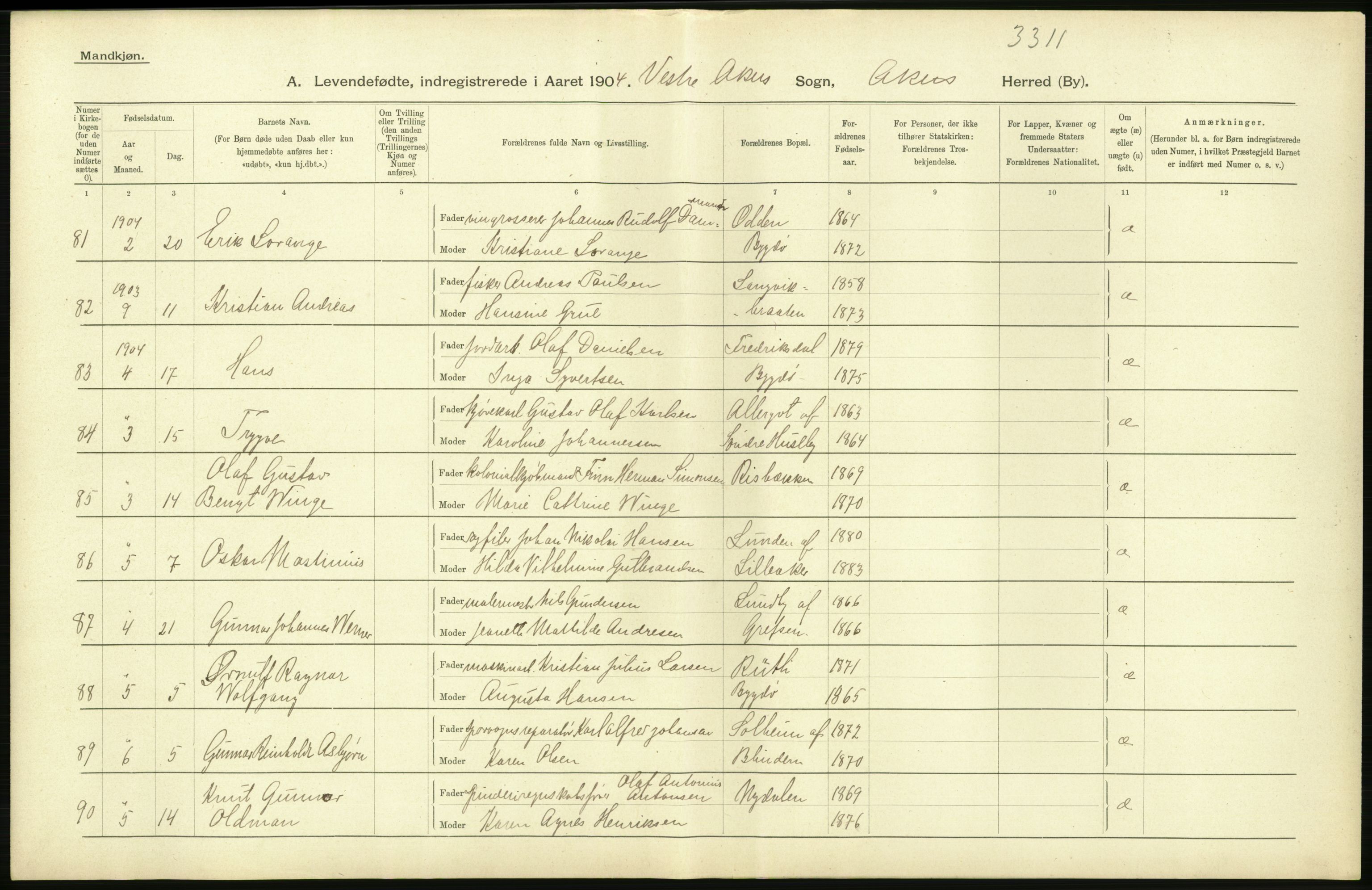 Statistisk sentralbyrå, Sosiodemografiske emner, Befolkning, AV/RA-S-2228/D/Df/Dfa/Dfab/L0002: Akershus amt: Fødte, gifte, døde, 1904, p. 412