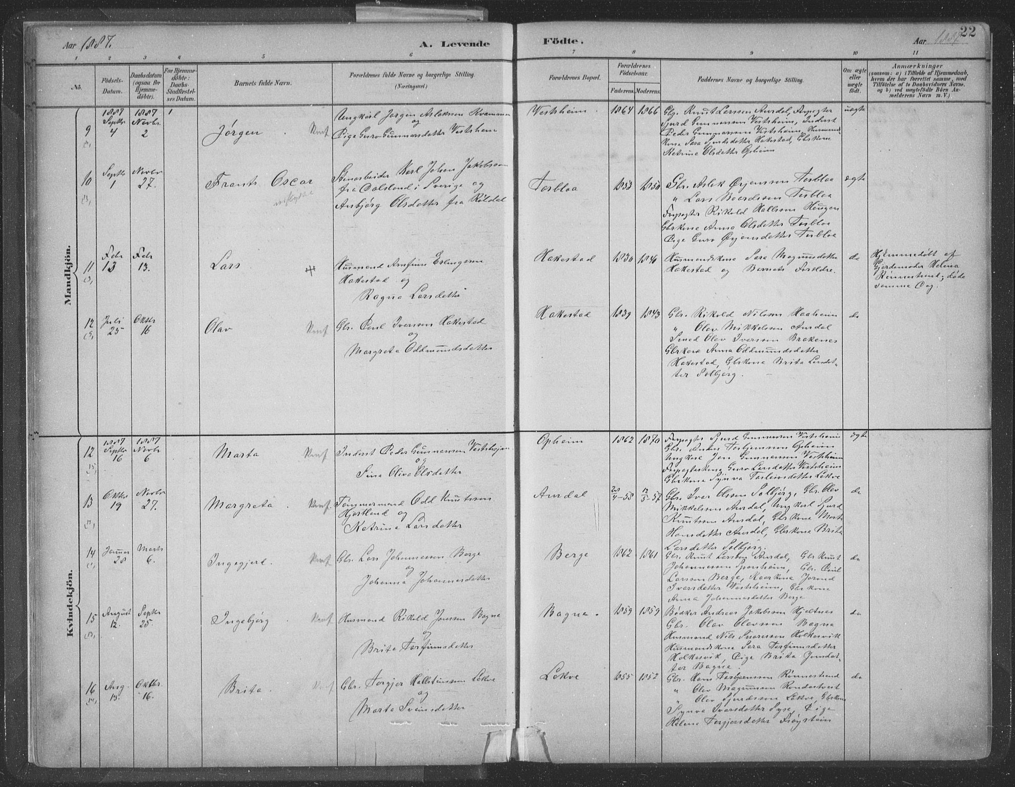 Ulvik sokneprestembete, AV/SAB-A-78801/H/Hab: Parish register (copy) no. A 3, 1883-1908, p. 22