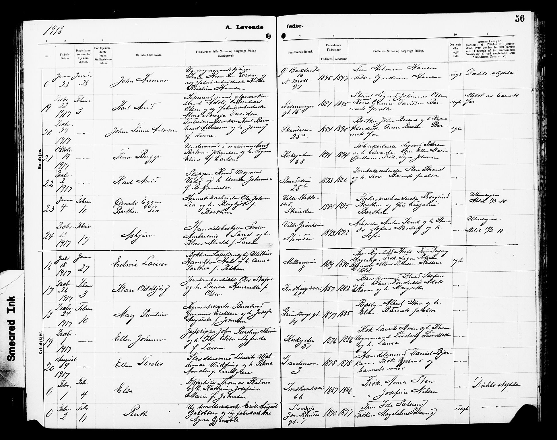 Ministerialprotokoller, klokkerbøker og fødselsregistre - Sør-Trøndelag, AV/SAT-A-1456/605/L0256: Parish register (copy) no. 605C03, 1916-1920, p. 56