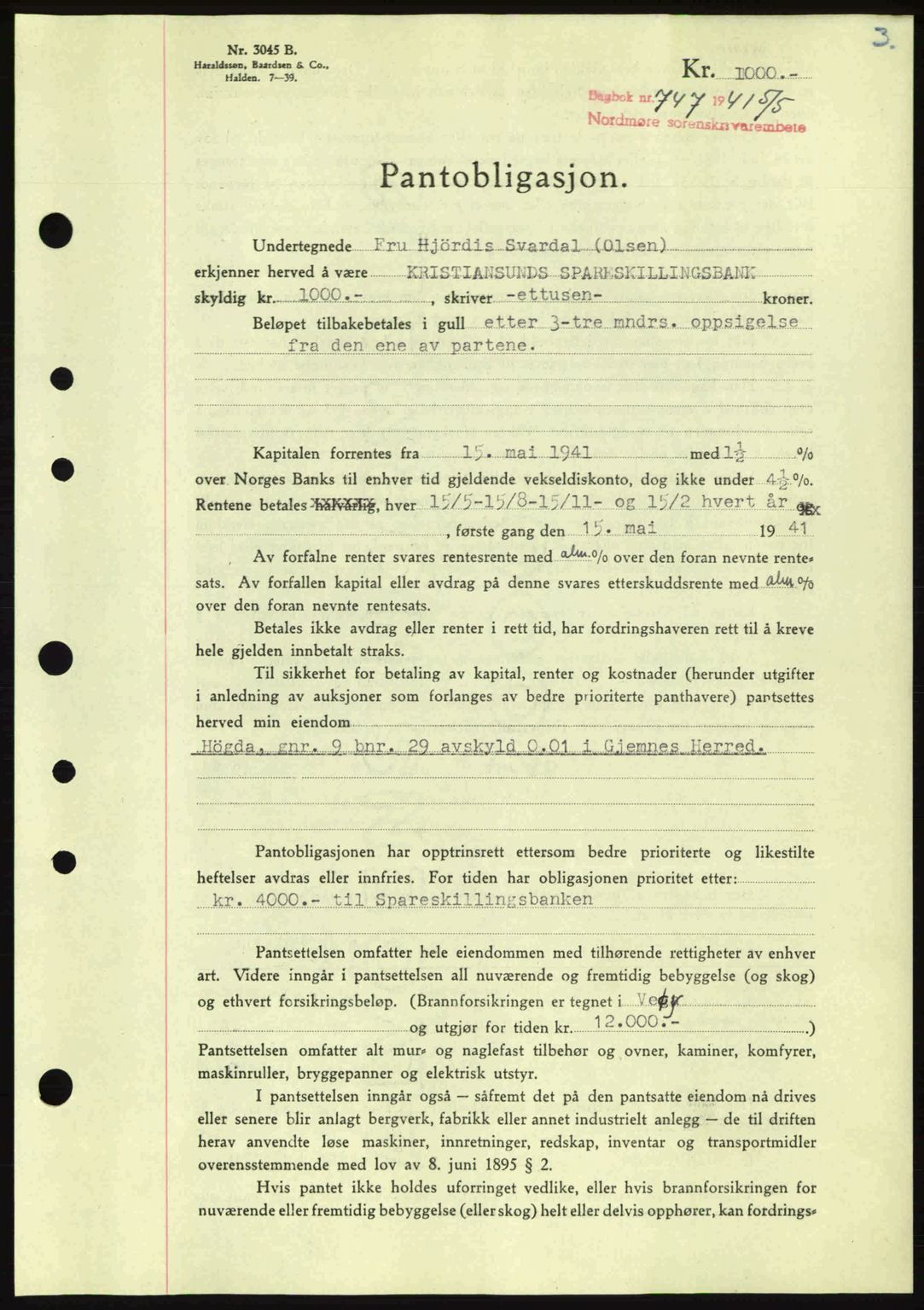 Nordmøre sorenskriveri, SAT/A-4132/1/2/2Ca: Mortgage book no. B88, 1941-1942, Diary no: : 747/1941