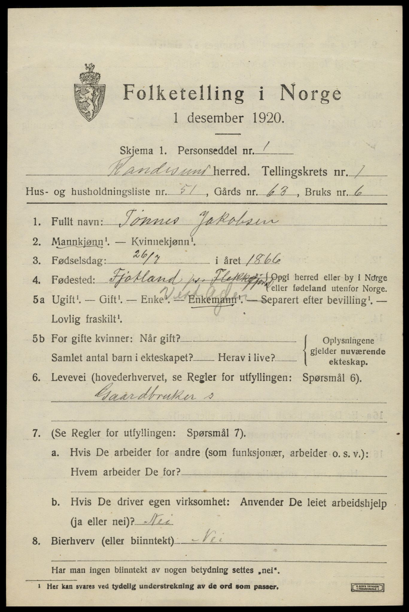 SAK, 1920 census for Randesund, 1920, p. 1082