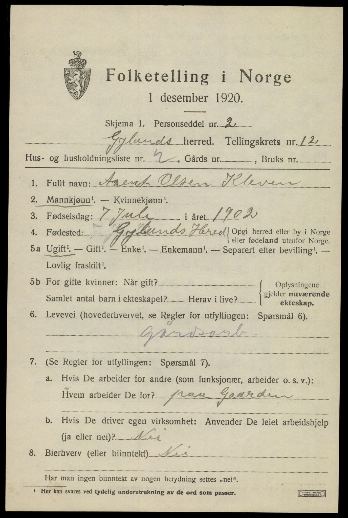 SAK, 1920 census for Gyland, 1920, p. 2444
