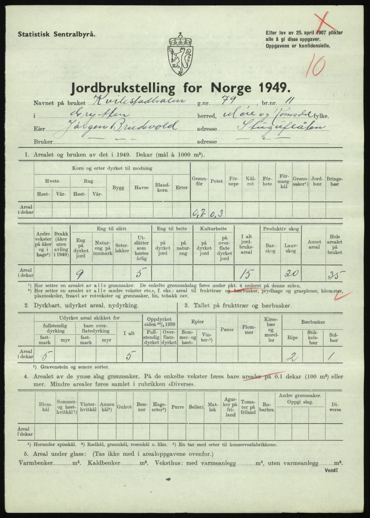 Statistisk sentralbyrå, Næringsøkonomiske emner, Jordbruk, skogbruk, jakt, fiske og fangst, AV/RA-S-2234/G/Gc/L0323: Møre og Romsdal: Grytten og Hen, 1949, p. 73