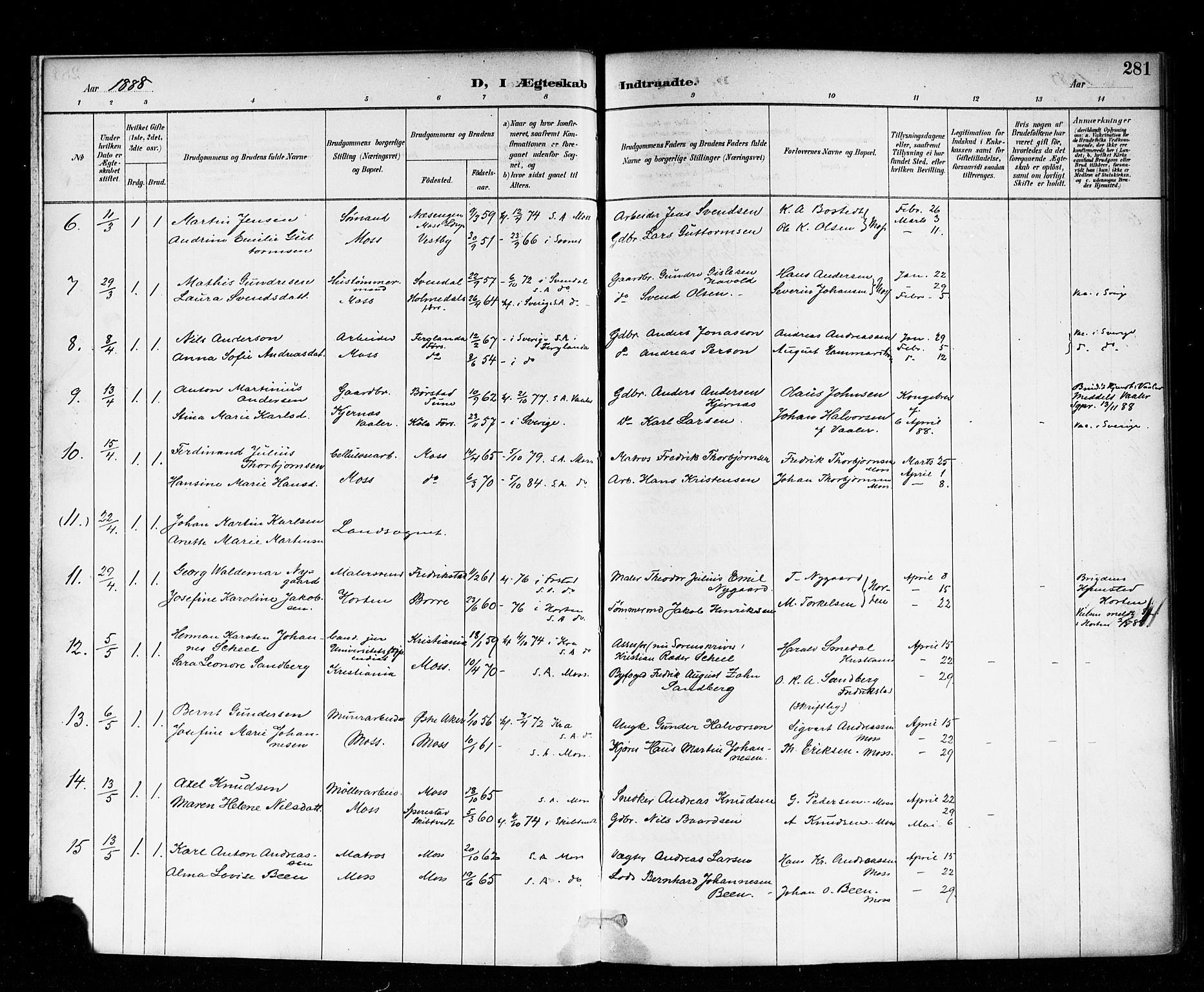 Moss prestekontor Kirkebøker, SAO/A-2003/F/Fb/L0002b: Parish register (official) no. II 2B, 1887-1893, p. 281
