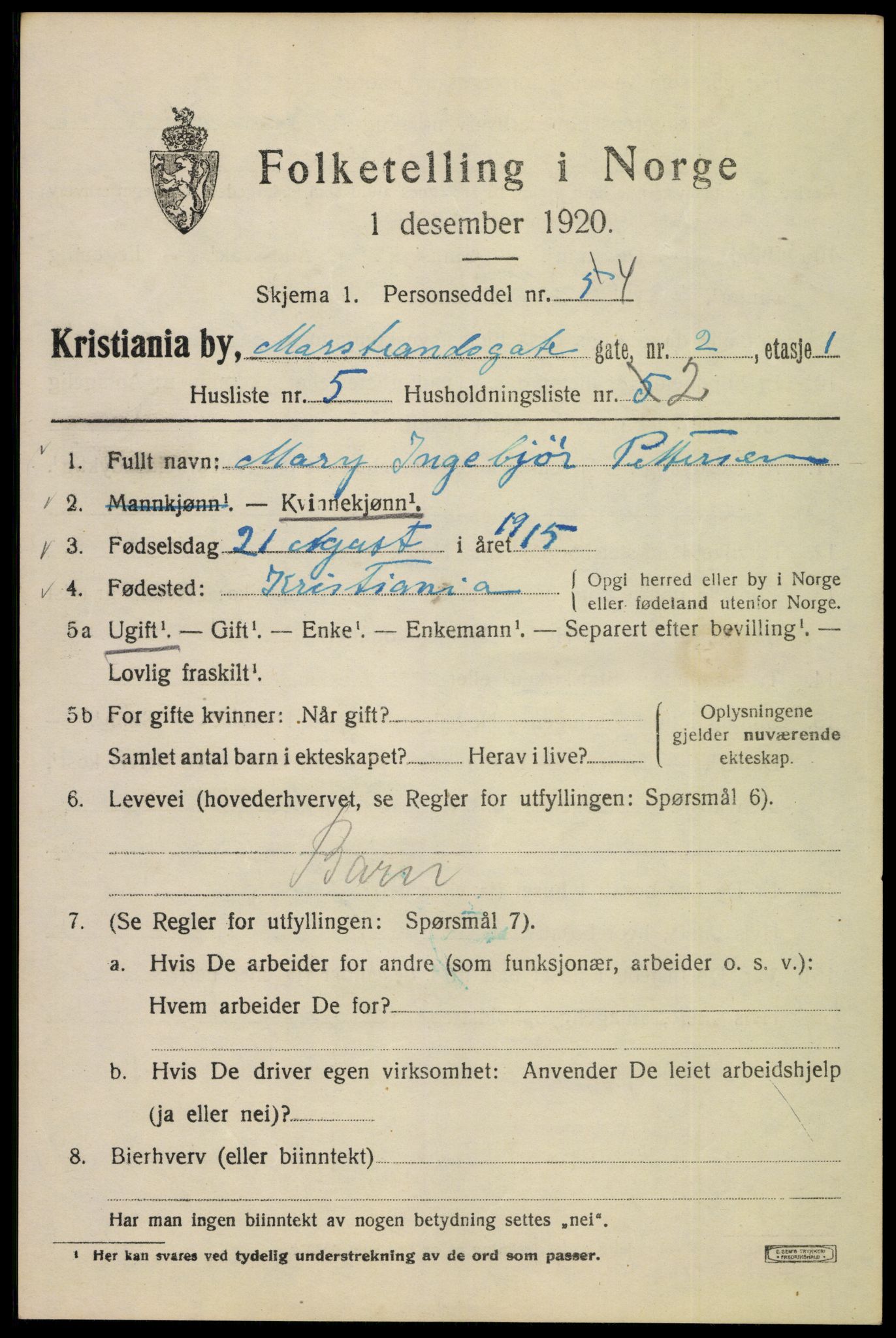 SAO, 1920 census for Kristiania, 1920, p. 392165