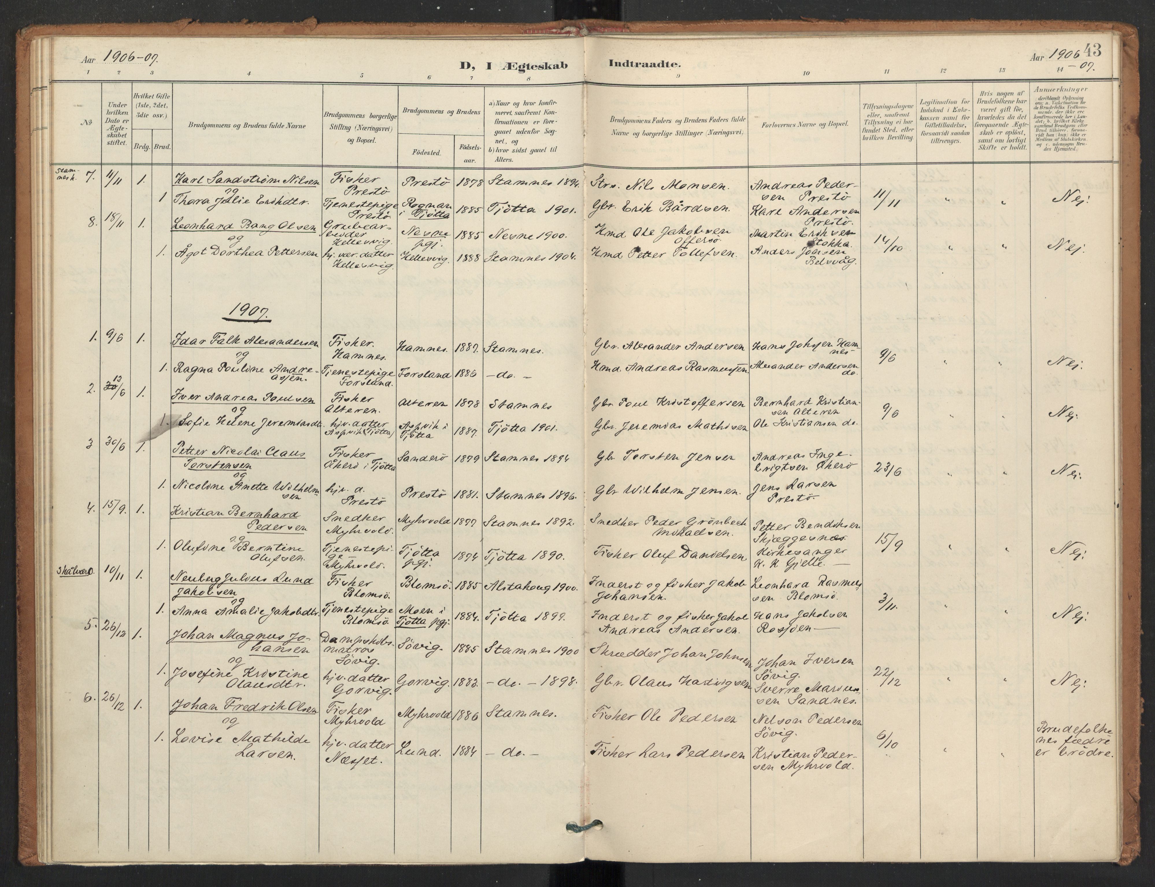 Ministerialprotokoller, klokkerbøker og fødselsregistre - Nordland, SAT/A-1459/830/L0454: Parish register (official) no. 830A18, 1897-1913, p. 43