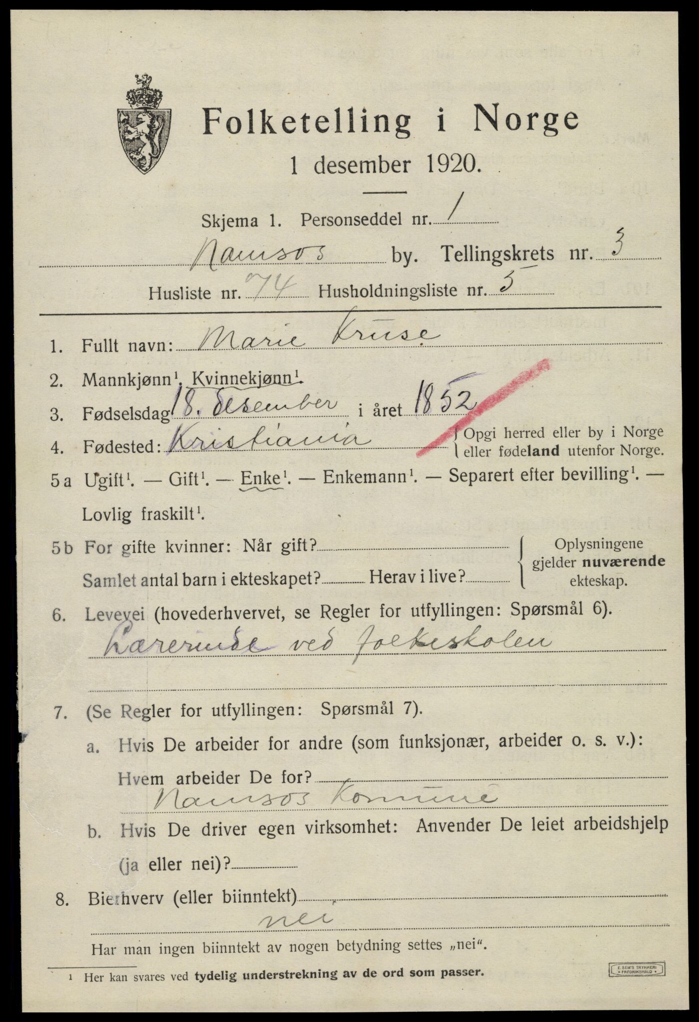 SAT, 1920 census for Namsos, 1920, p. 4837