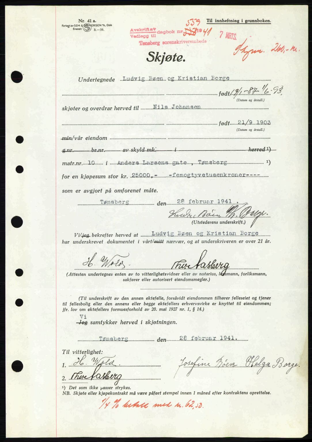 Tønsberg sorenskriveri, AV/SAKO-A-130/G/Ga/Gaa/L0009: Mortgage book no. A9, 1940-1941, Diary no: : 559/1941