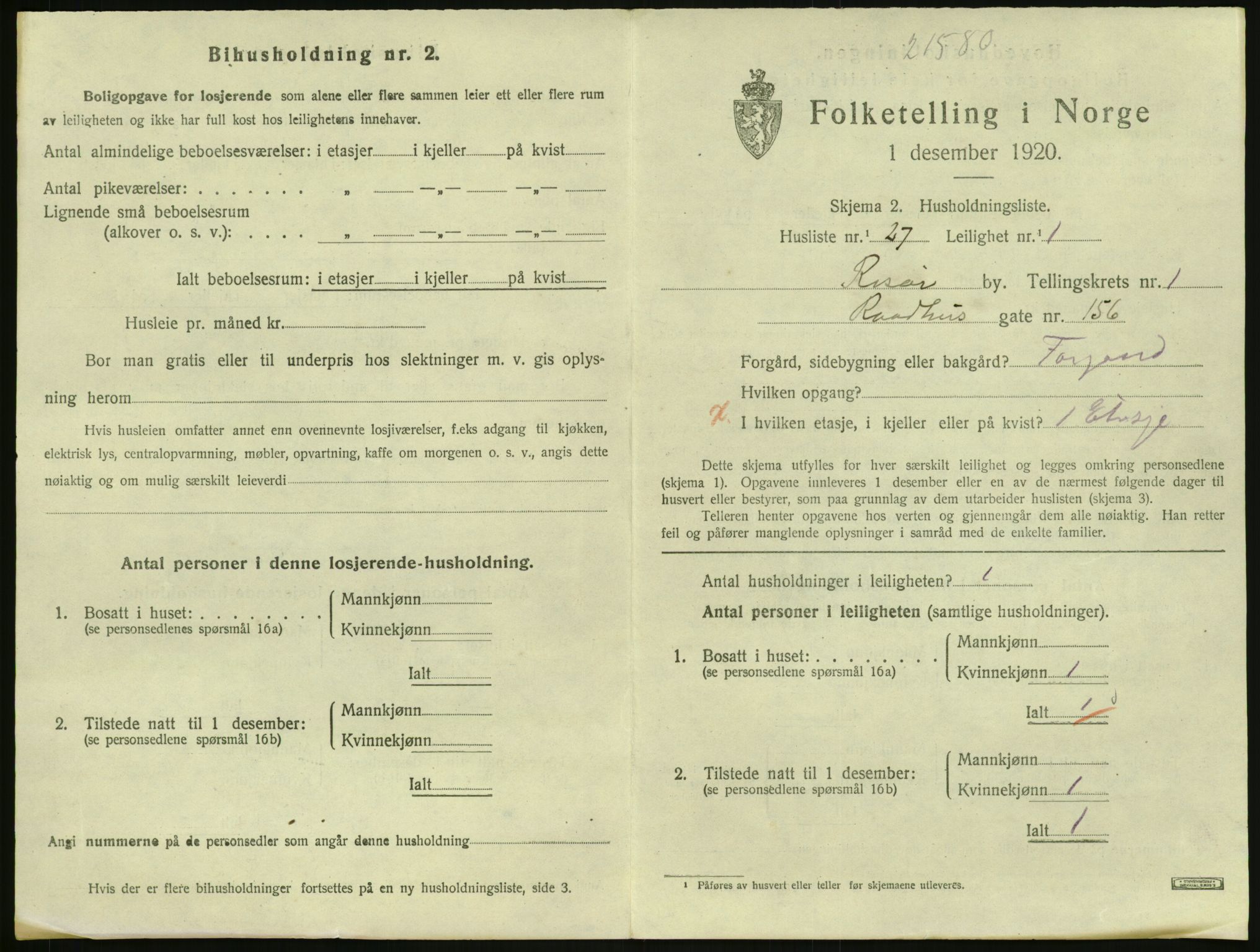 SAK, 1920 census for Risør, 1920, p. 1413