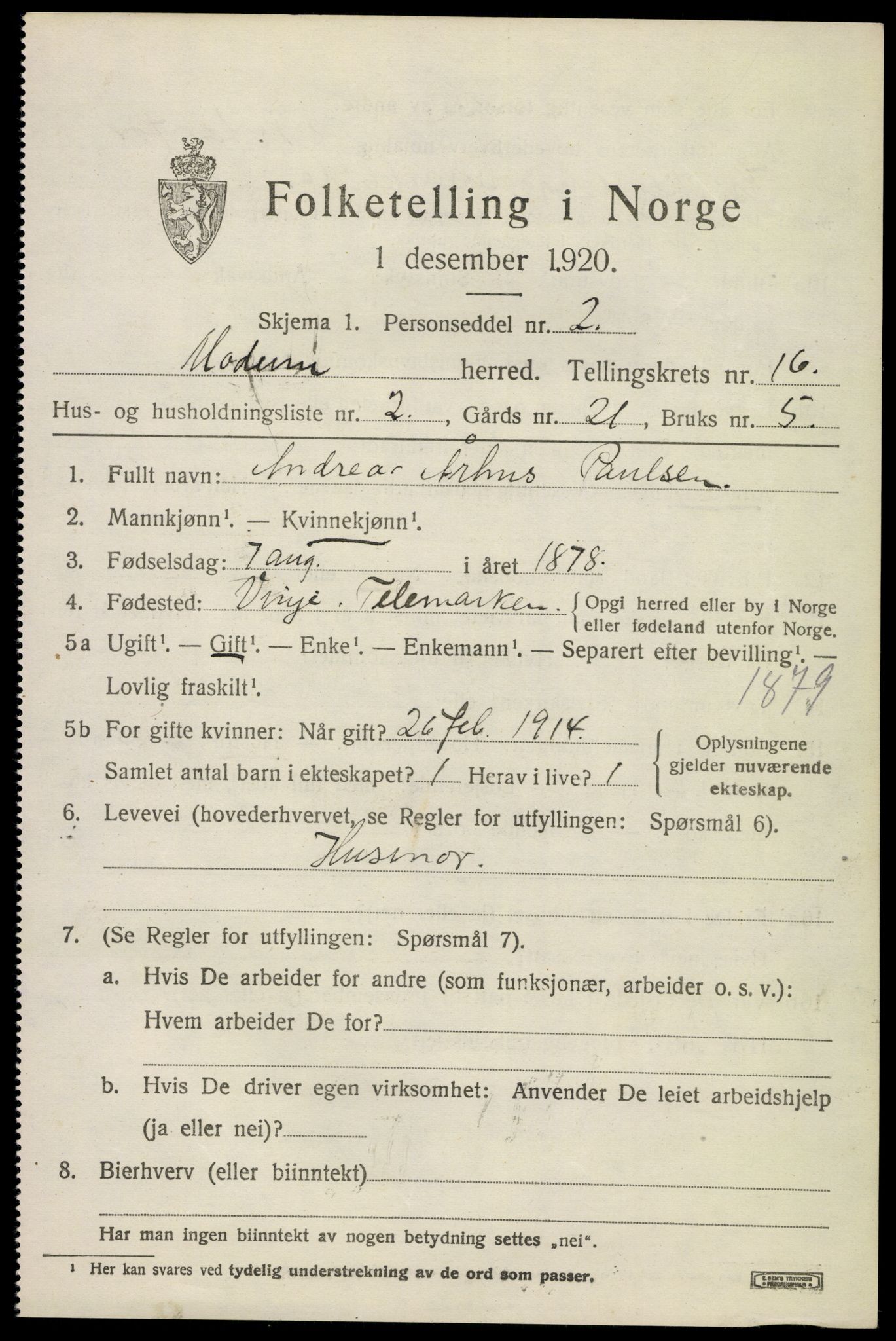 SAKO, 1920 census for Modum, 1920, p. 19429