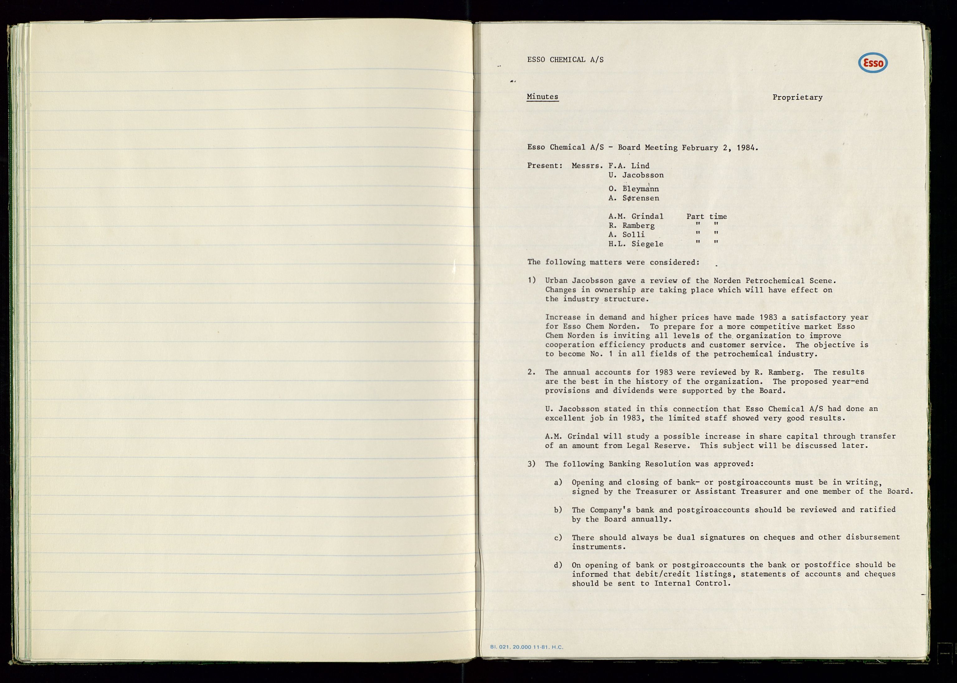 PA 1538 - Exxon Chemical Norge A/S, SAST/A-101958/A/Aa/L0001/0001: Generalforsamlinger og styreprotokoller / Styreprotokoll, 1966-1996