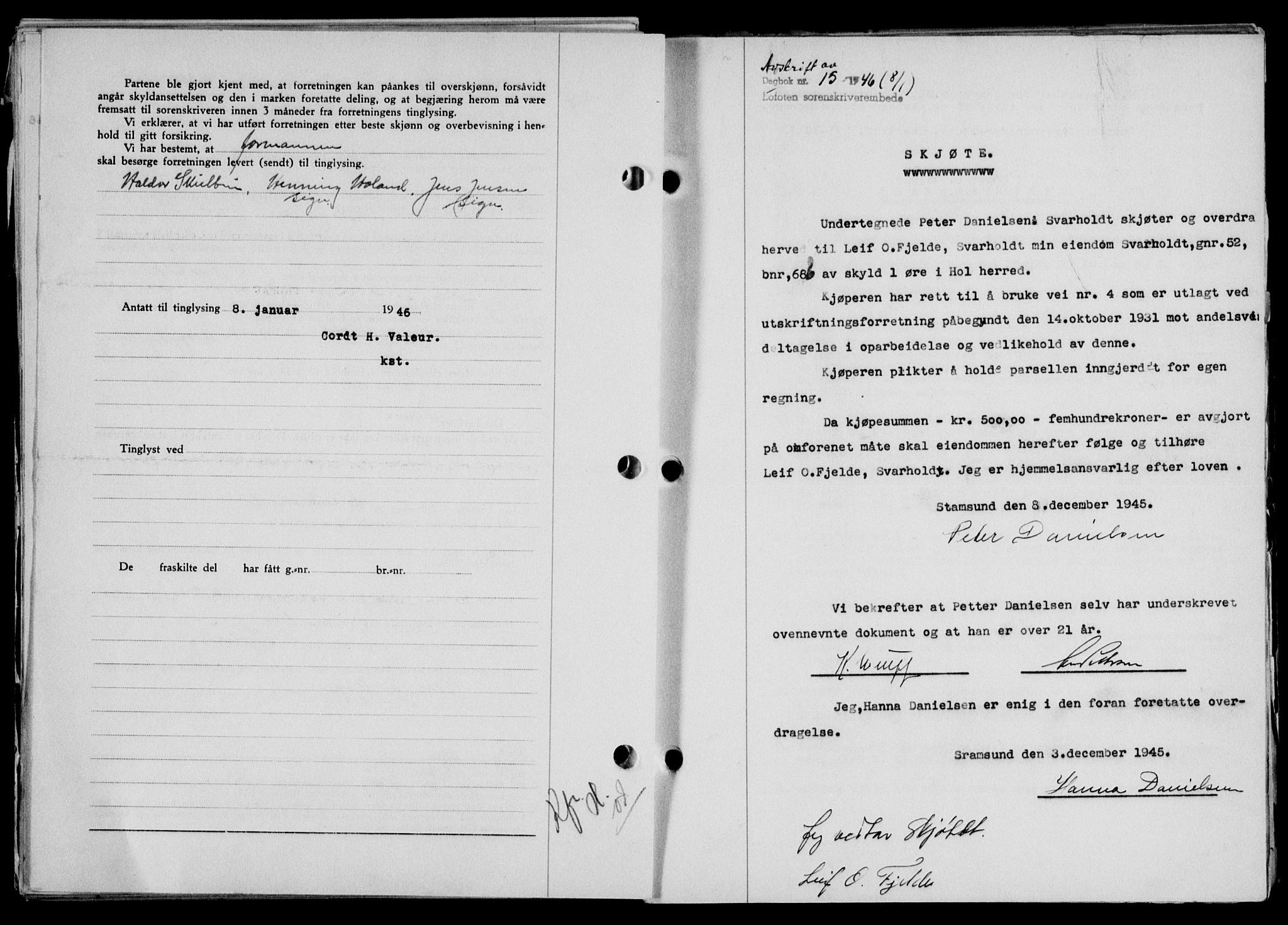 Lofoten sorenskriveri, SAT/A-0017/1/2/2C/L0013a: Mortgage book no. 13a, 1944-1946, Diary no: : 15/1946