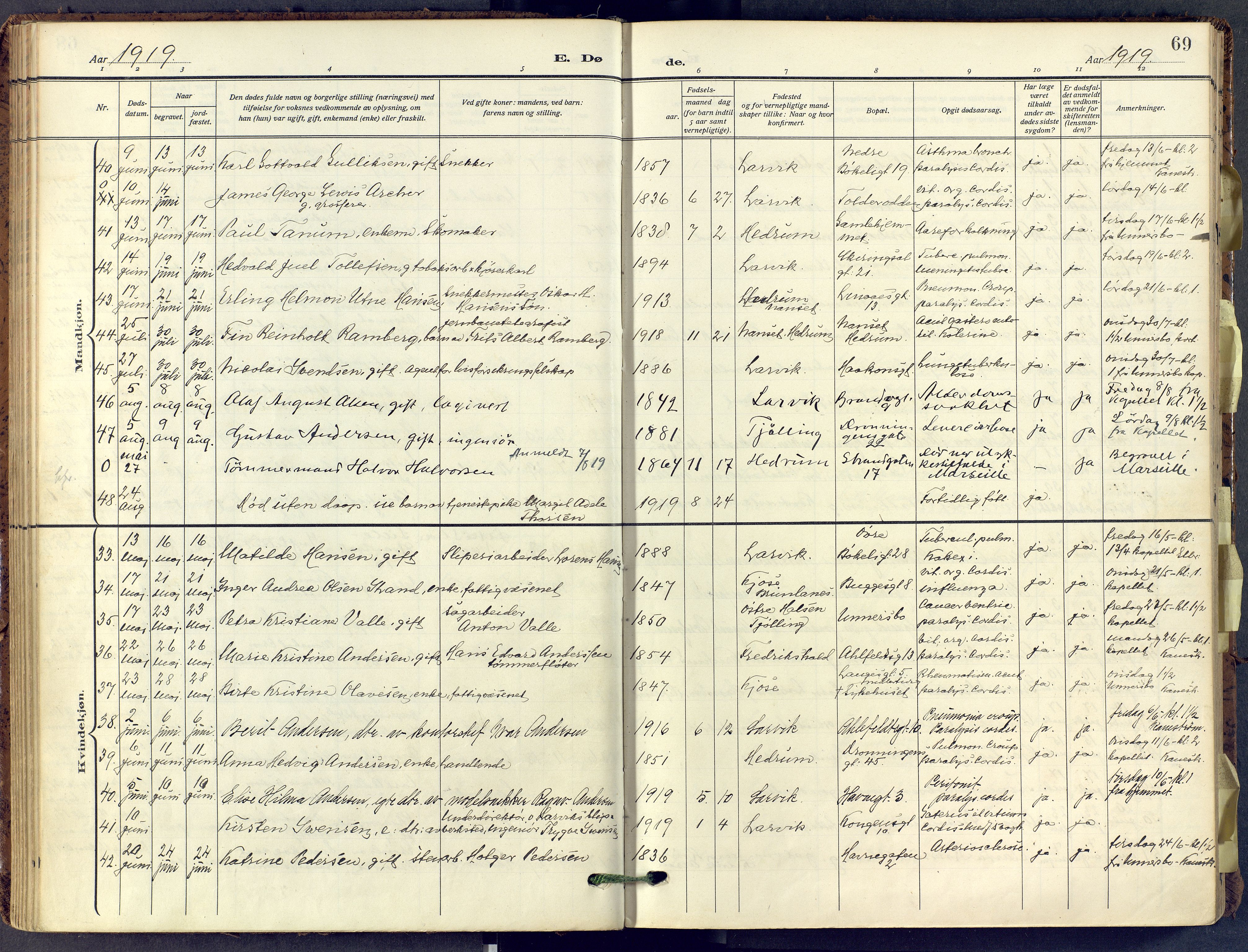 Larvik kirkebøker, AV/SAKO-A-352/F/Fa/L0013: Parish register (official) no. I 13, 1910-1960, p. 69