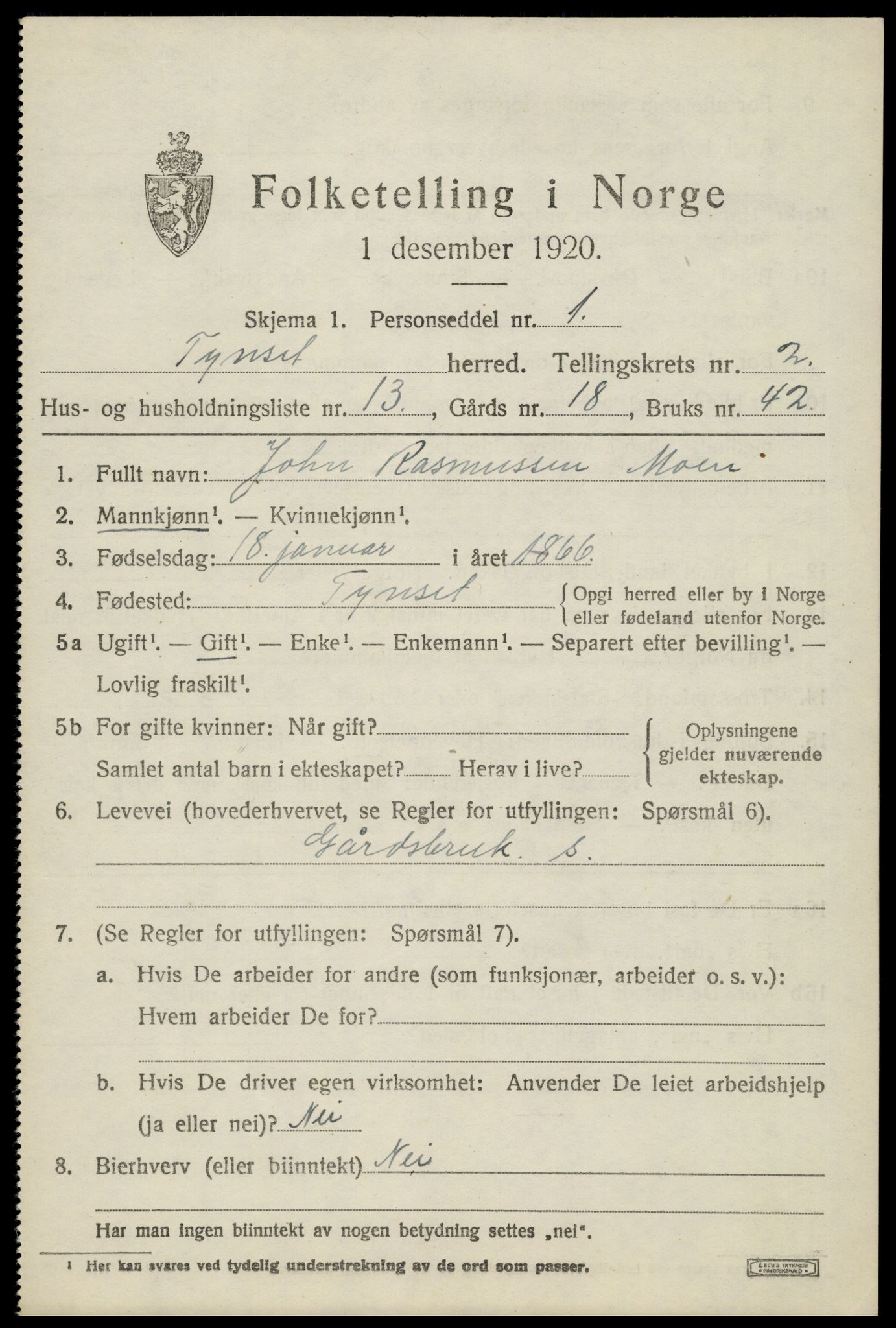 SAH, 1920 census for Tynset, 1920, p. 2426