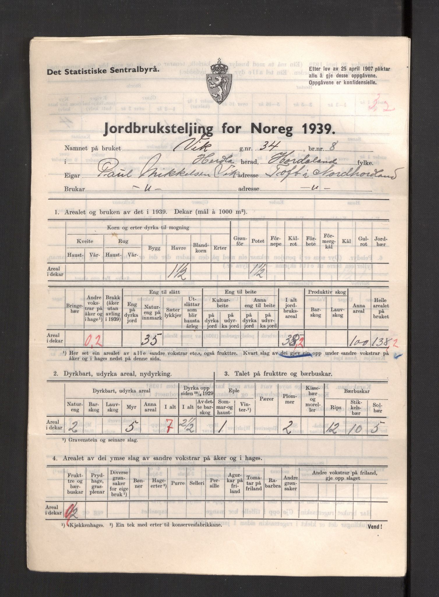 Statistisk sentralbyrå, Næringsøkonomiske emner, Jordbruk, skogbruk, jakt, fiske og fangst, AV/RA-S-2234/G/Gb/L0211: Hordaland: Herdla, Hjelme og Manger, 1939, p. 997