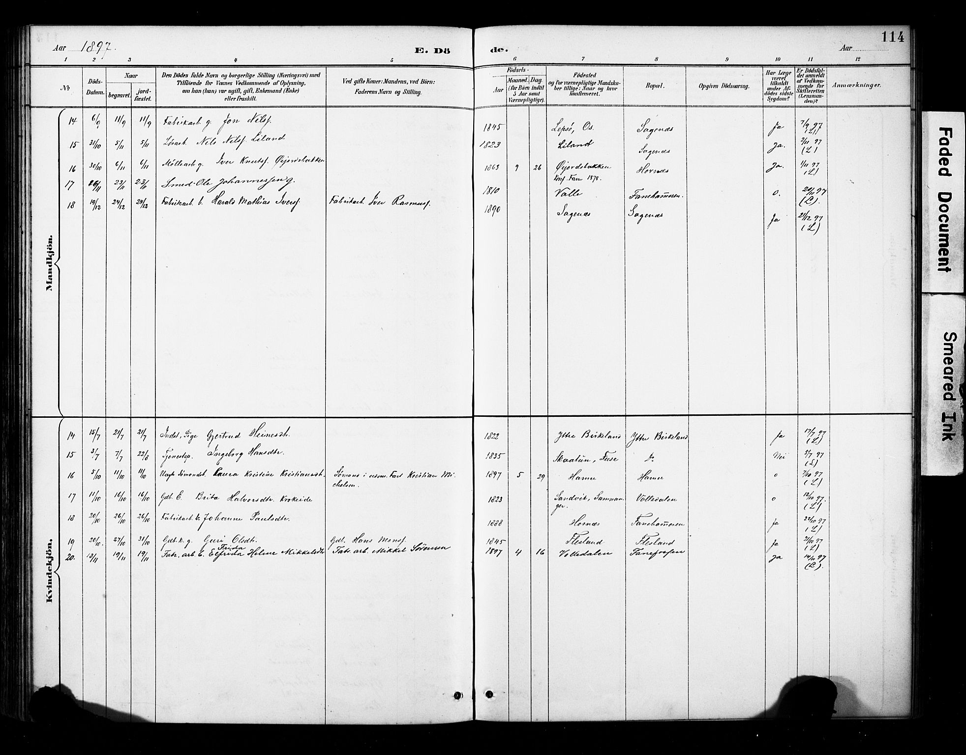 Fana Sokneprestembete, AV/SAB-A-75101/H/Haa/Haab/L0002: Parish register (official) no. B 2, 1890-1897, p. 114