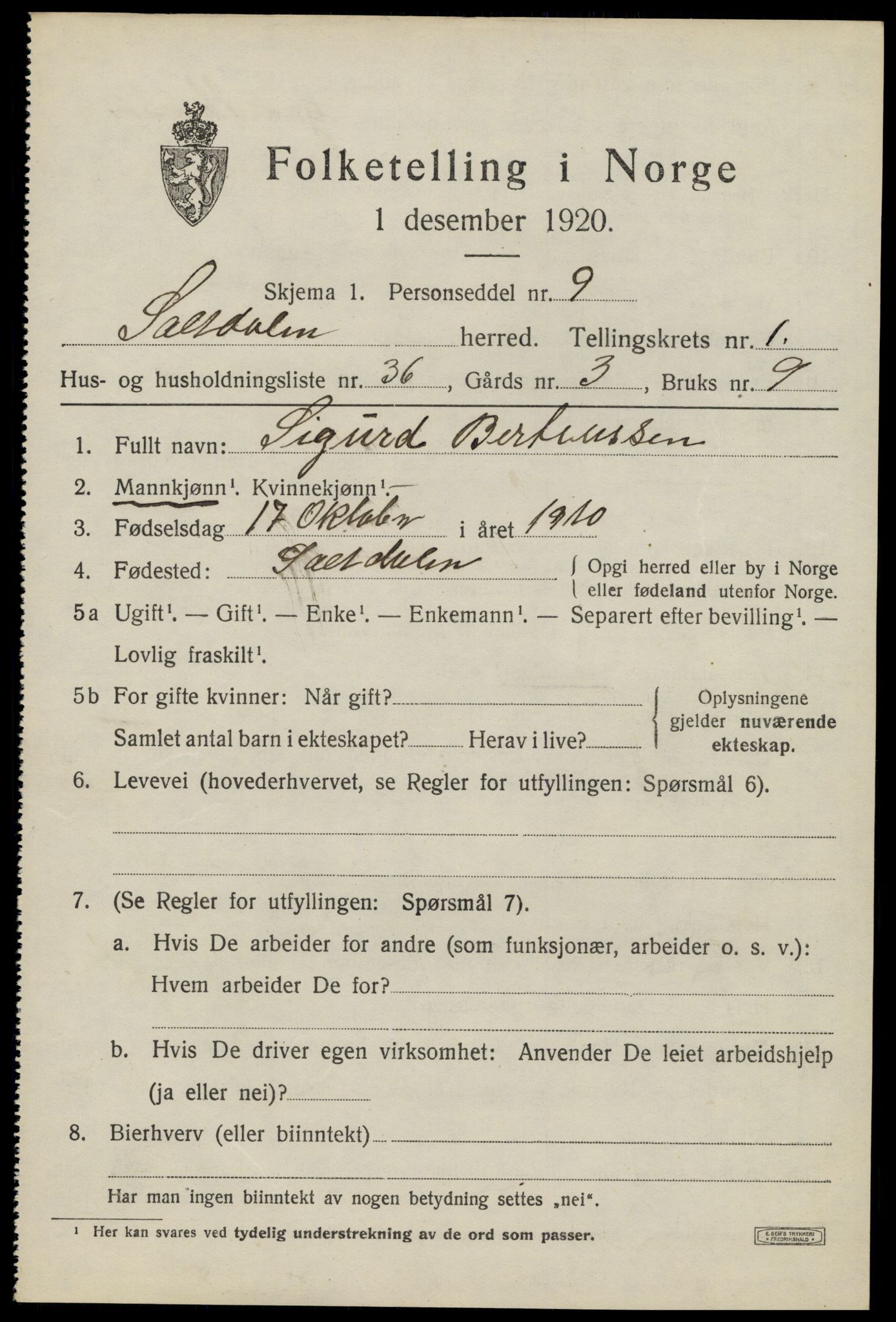 SAT, 1920 census for Saltdal, 1920, p. 1729