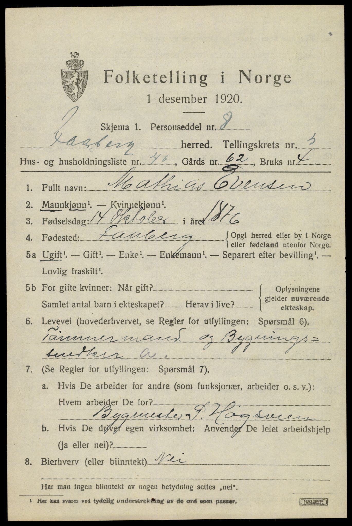 SAH, 1920 census for Fåberg, 1920, p. 6516