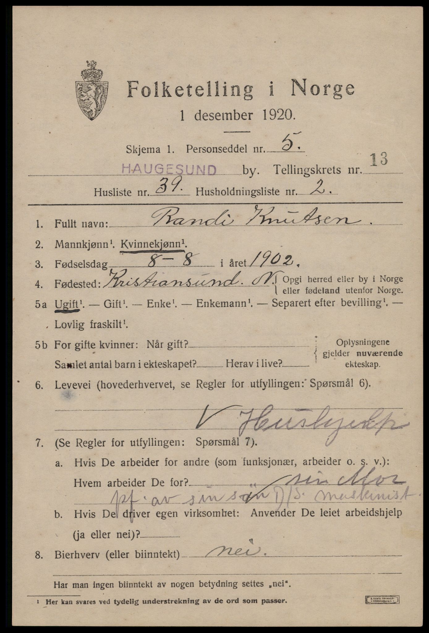 SAST, 1920 census for Haugesund, 1920, p. 42151