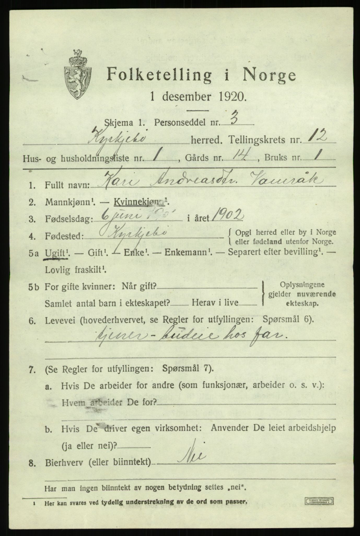 SAB, 1920 census for Kyrkjebø, 1920, p. 5861