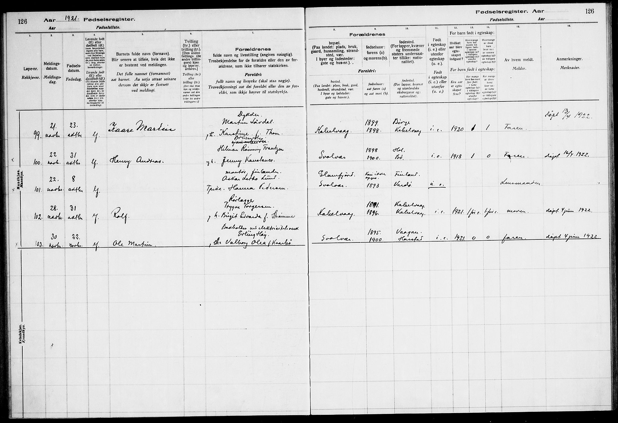 Ministerialprotokoller, klokkerbøker og fødselsregistre - Nordland, AV/SAT-A-1459/874/L1089: Birth register no. 874.II.4.1, 1916-1926, p. 126