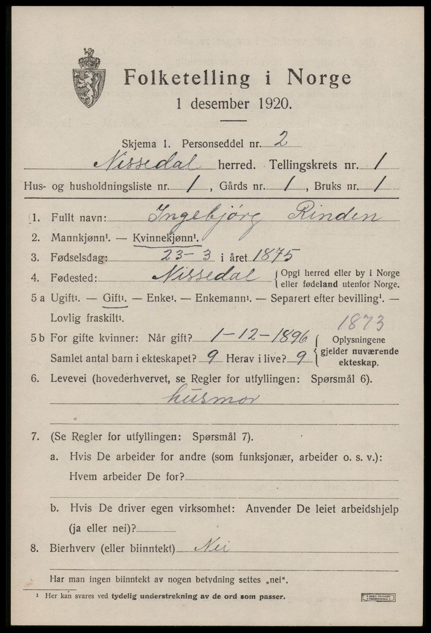 SAKO, 1920 census for Nissedal, 1920, p. 837