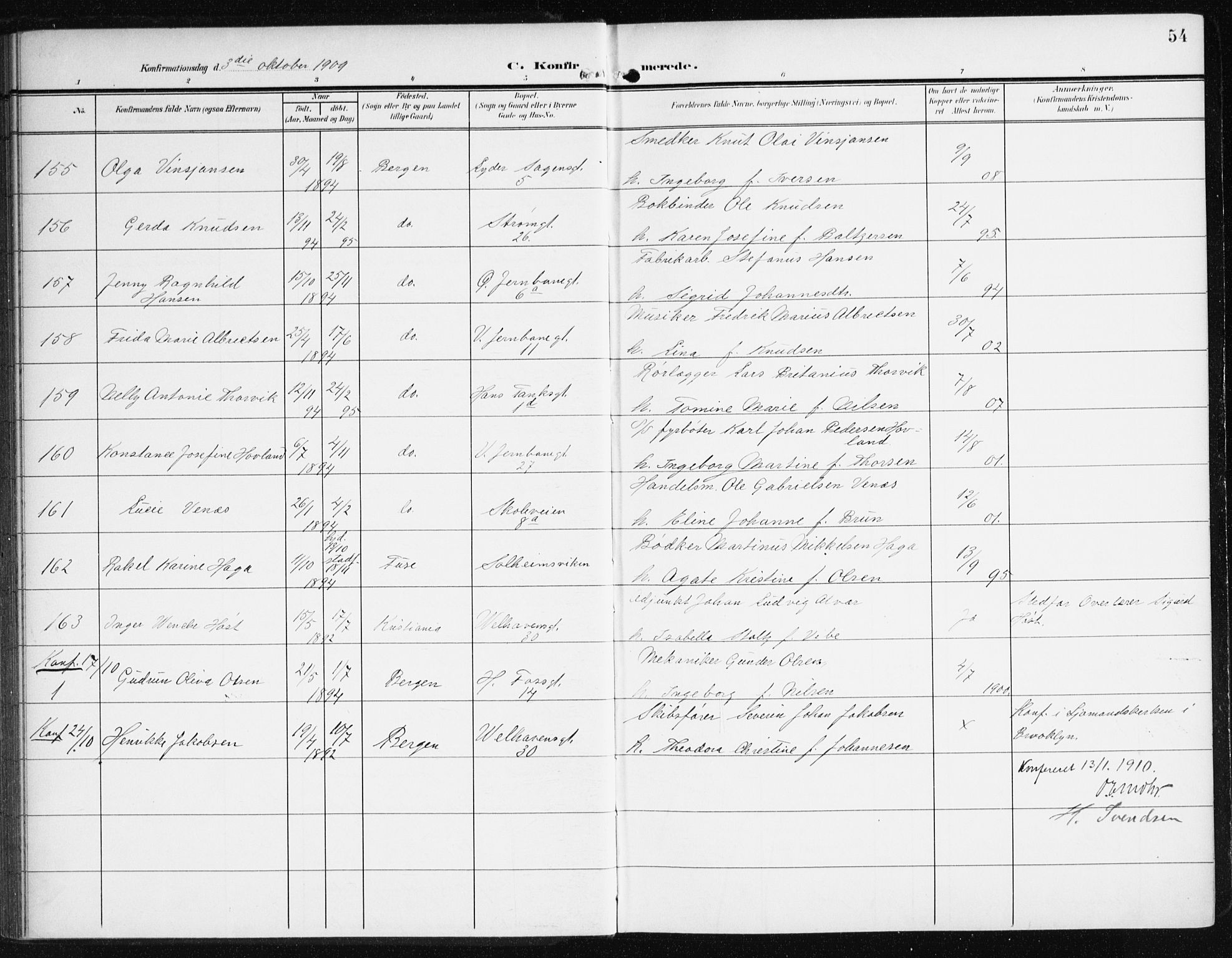 Johanneskirken sokneprestembete, AV/SAB-A-76001/H/Haa/L0009: Parish register (official) no. C 2, 1907-1924, p. 54