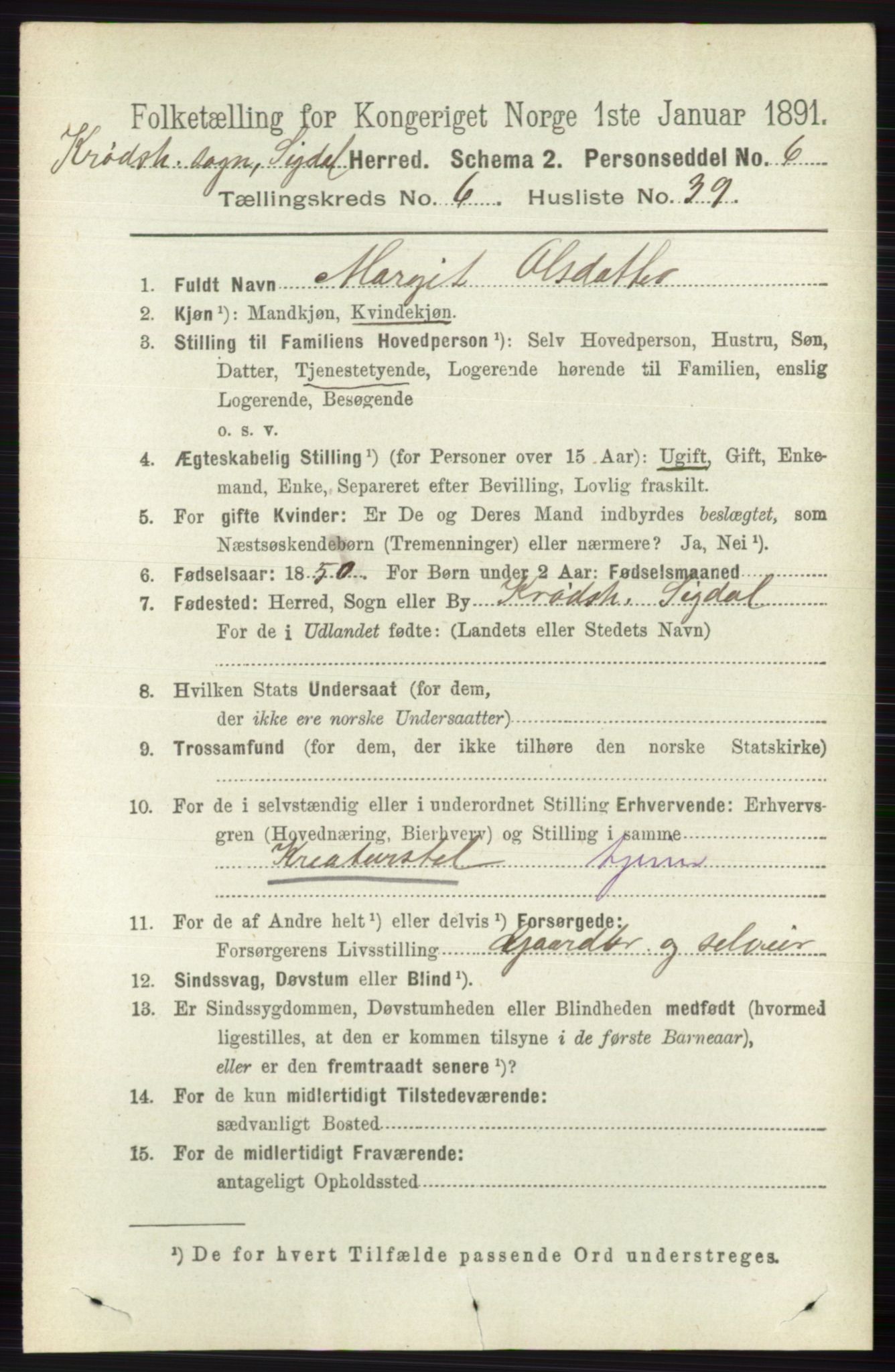 RA, 1891 census for 0621 Sigdal, 1891, p. 6884