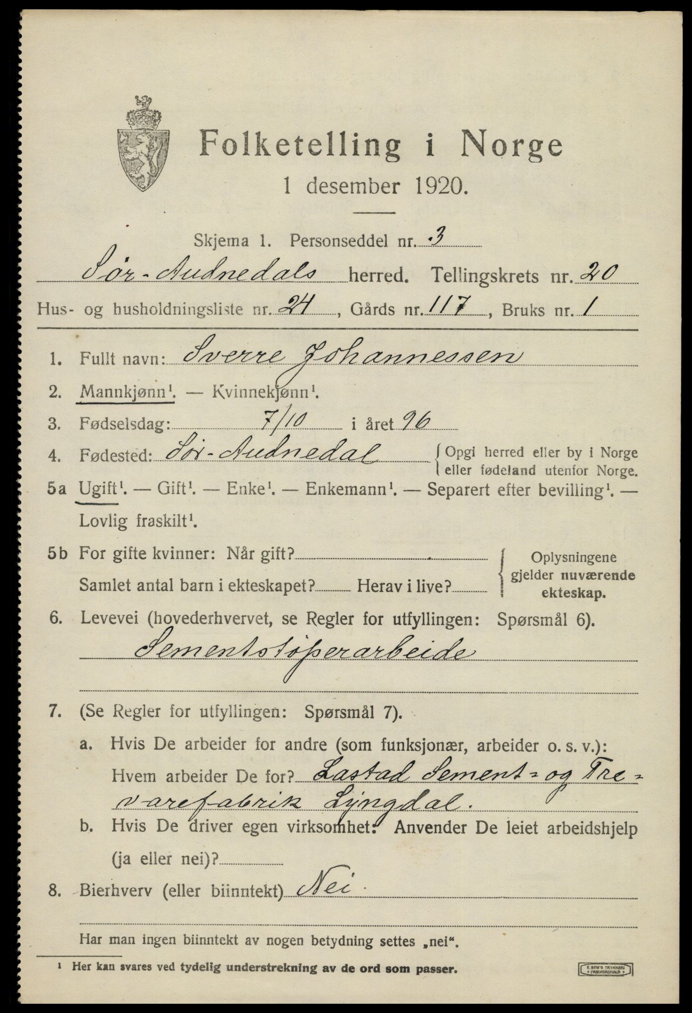 SAK, 1920 census for Sør-Audnedal, 1920, p. 6917