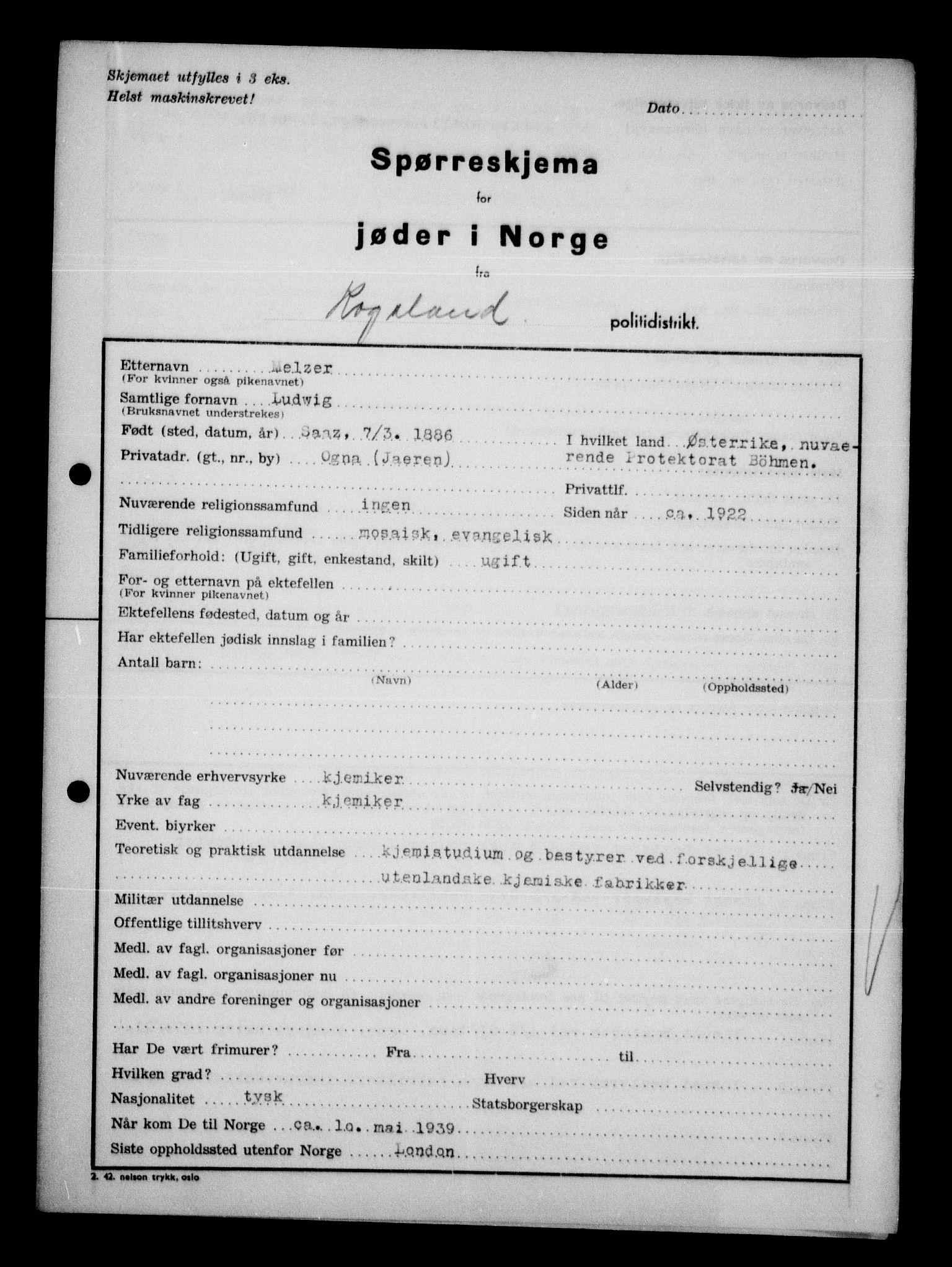 Statspolitiet - Hovedkontoret / Osloavdelingen, AV/RA-S-1329/G/Ga/L0012/0002: Spørreskjema for jøder i Norge / Jøder bosatt utenfor Oslo/Aker, Arendal politidistrikt - Romerike politidistrikt, 1942, p. 570