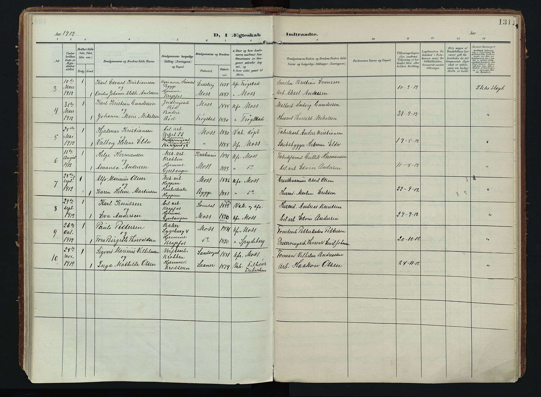 Moss prestekontor Kirkebøker, AV/SAO-A-2003/F/Fc/L0003: Parish register (official) no. III 3, 1906-1914, p. 131