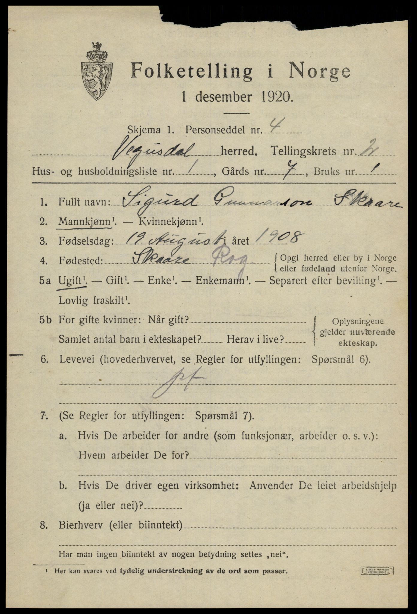 SAK, 1920 census for Vegusdal, 1920, p. 635