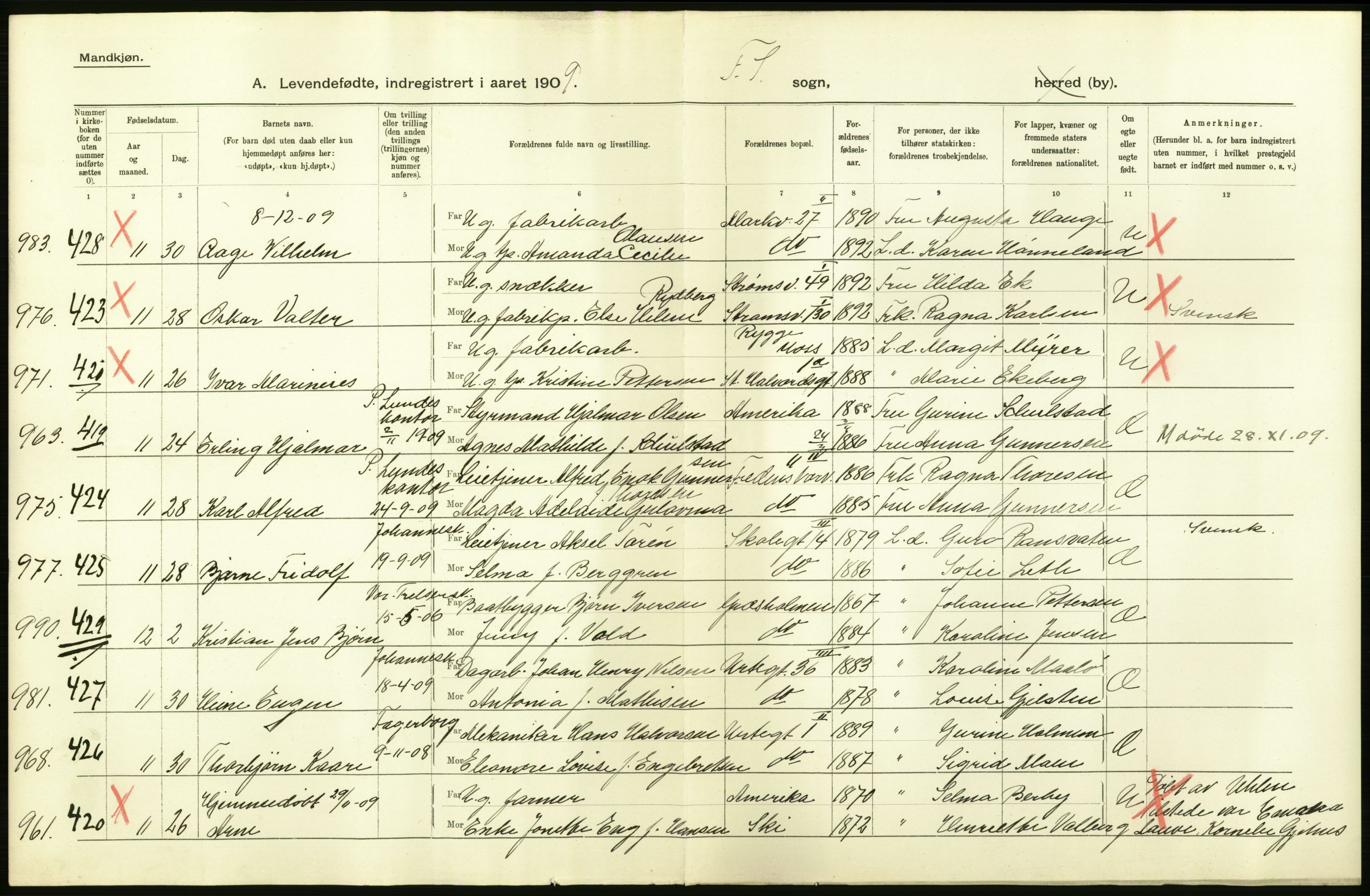 Statistisk sentralbyrå, Sosiodemografiske emner, Befolkning, AV/RA-S-2228/D/Df/Dfa/Dfag/L0006: Kristiania: Levendefødte menn og kvinner., 1909, p. 12
