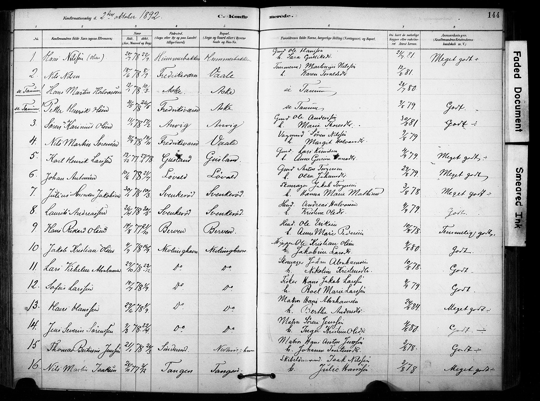 Brunlanes kirkebøker, AV/SAKO-A-342/F/Fb/L0001: Parish register (official) no. II 1, 1878-1899, p. 144