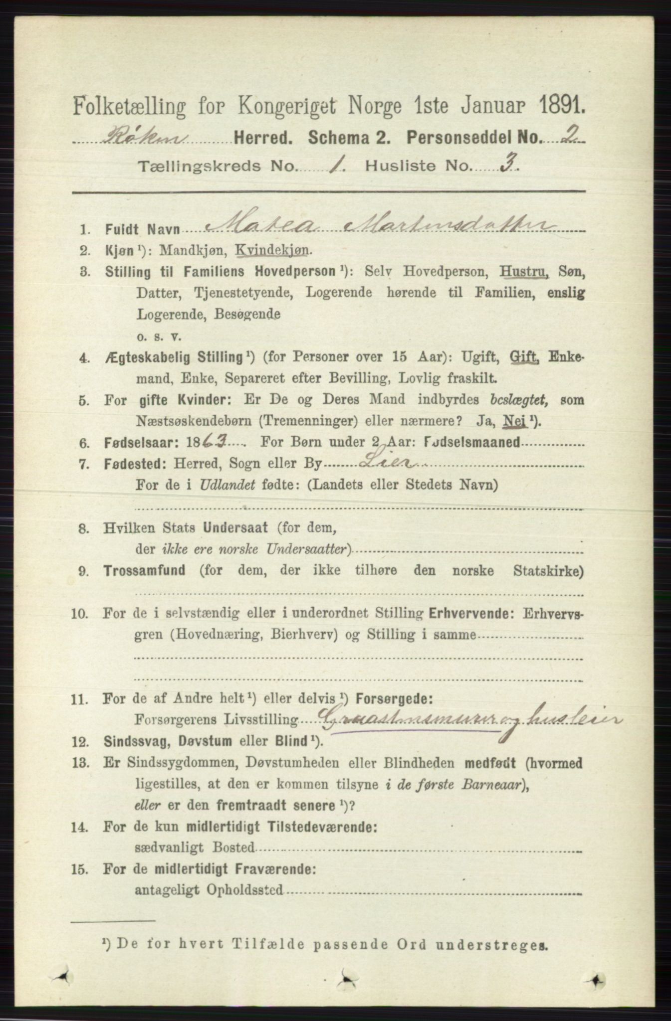 RA, 1891 census for 0627 Røyken, 1891, p. 103