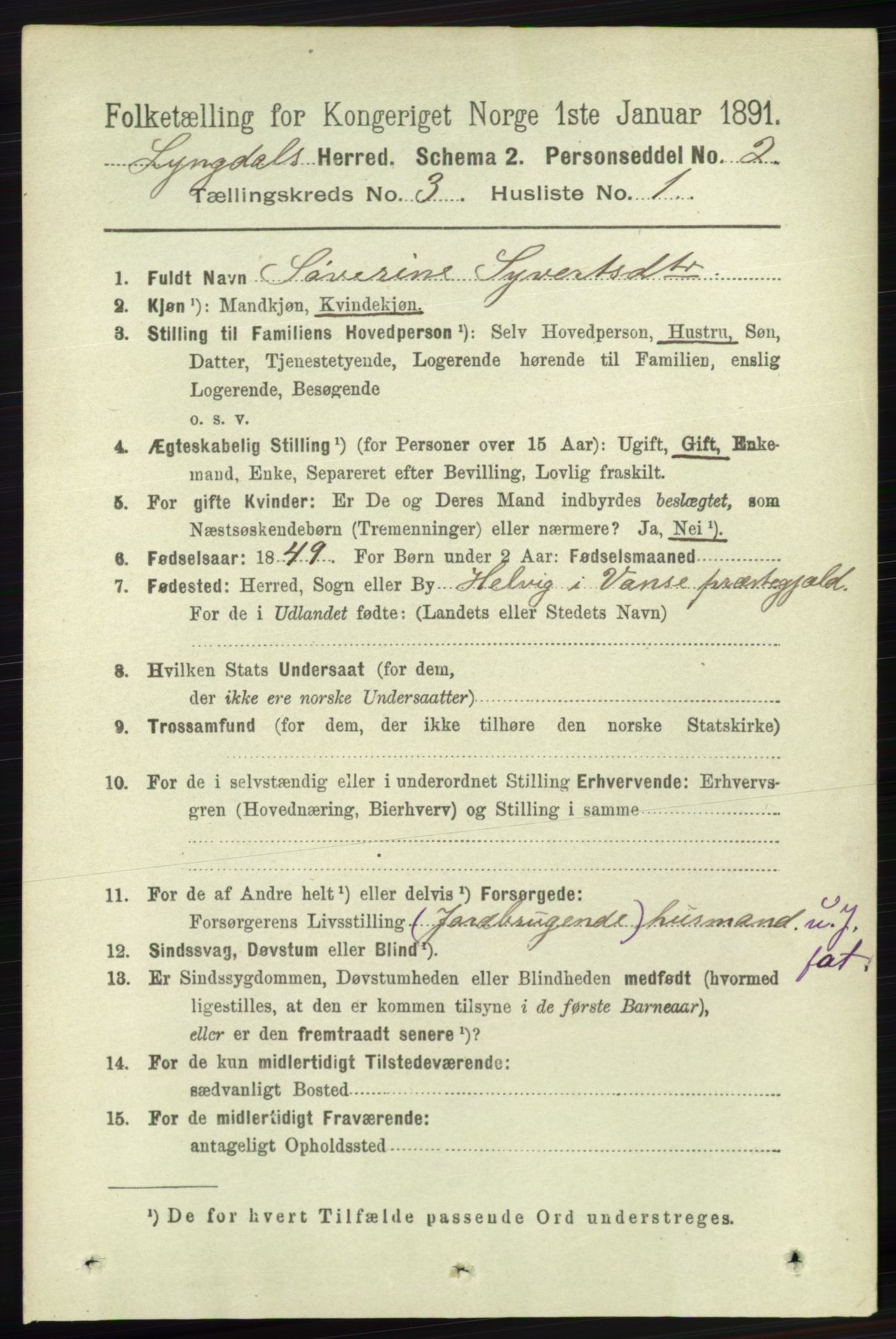 RA, 1891 census for 1032 Lyngdal, 1891, p. 1088