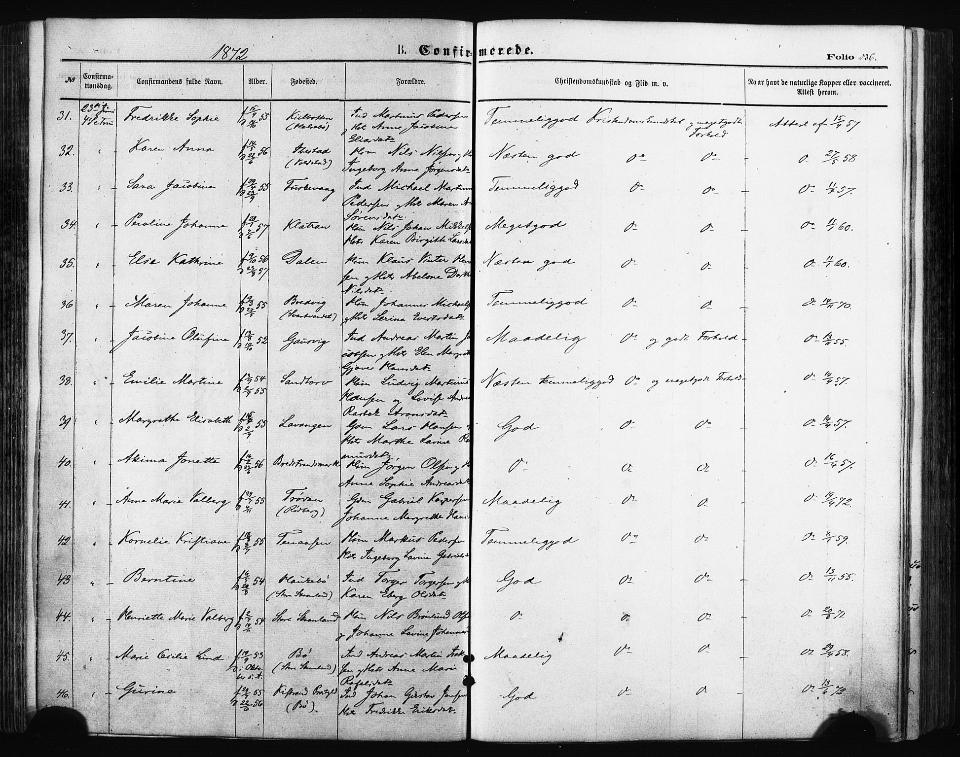 Trondenes sokneprestkontor, AV/SATØ-S-1319/H/Ha/L0013kirke: Parish register (official) no. 13, 1870-1878, p. 136