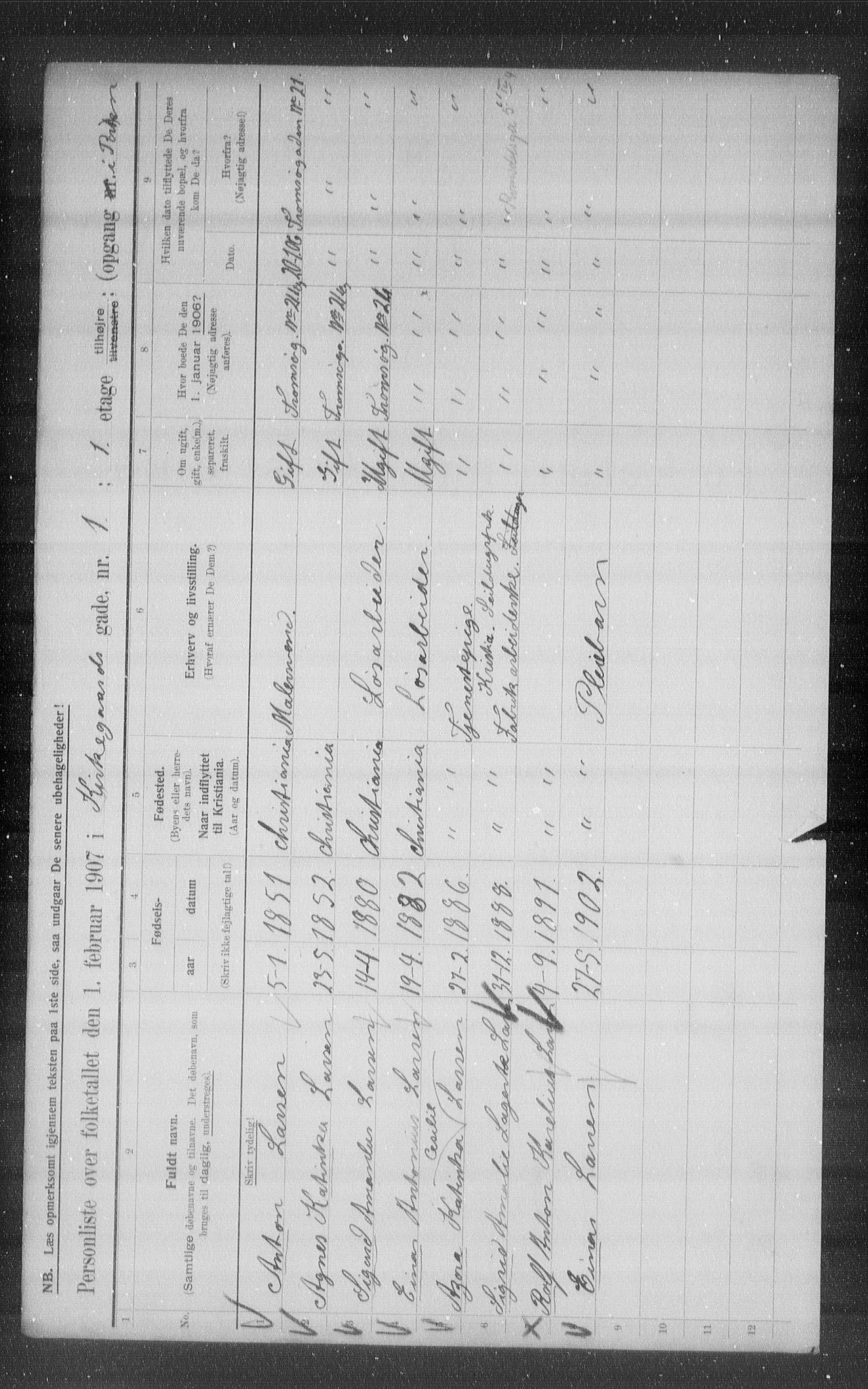 OBA, Municipal Census 1907 for Kristiania, 1907, p. 25506