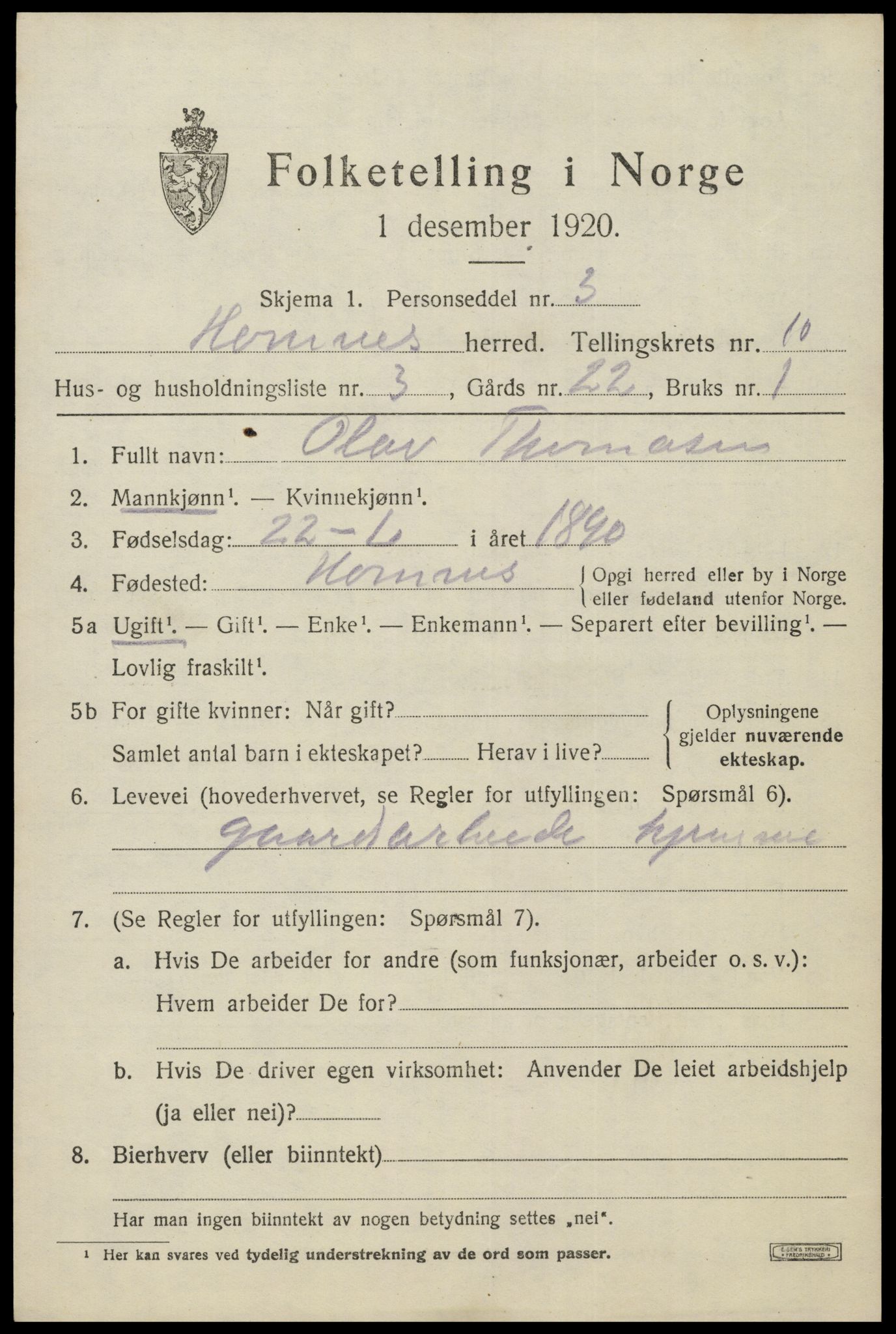 SAK, 1920 census for Hornnes, 1920, p. 2527