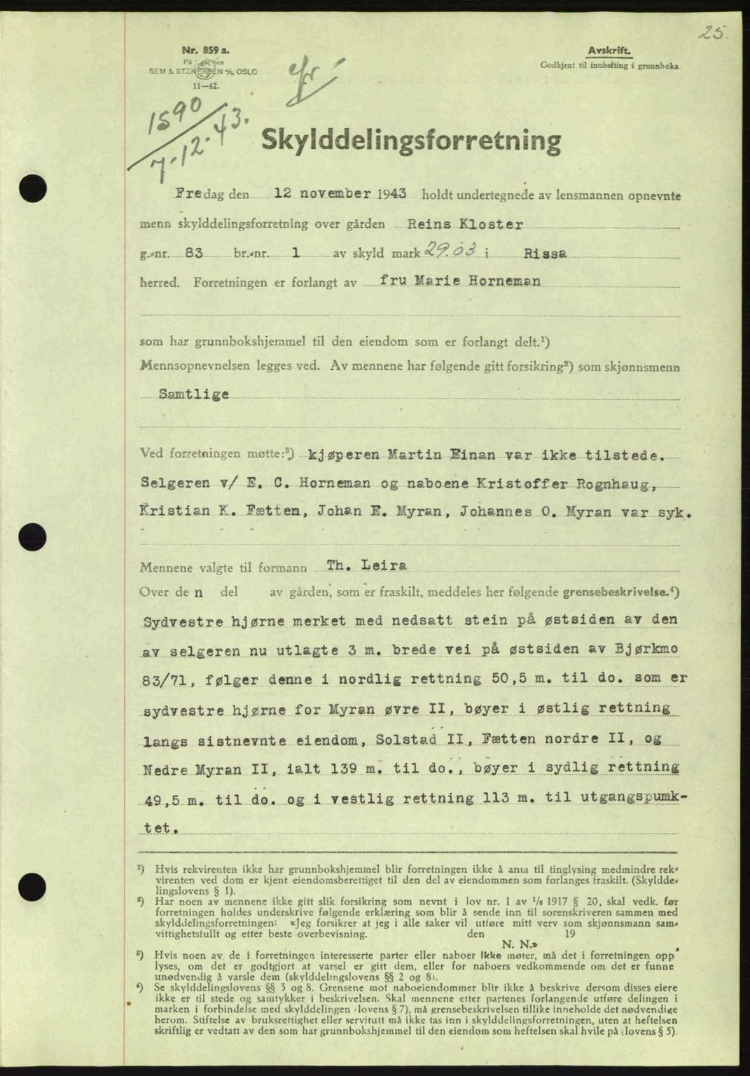 Fosen sorenskriveri, AV/SAT-A-1107/1/2/2C: Mortgage book no. A3, 1943-1945, Diary no: : 1590/1943