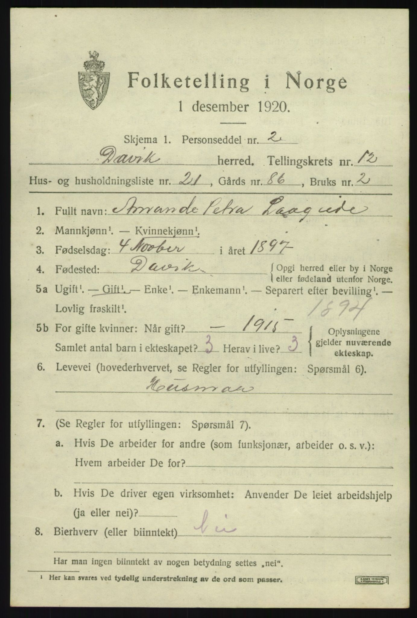 SAB, 1920 census for Davik, 1920, p. 6061