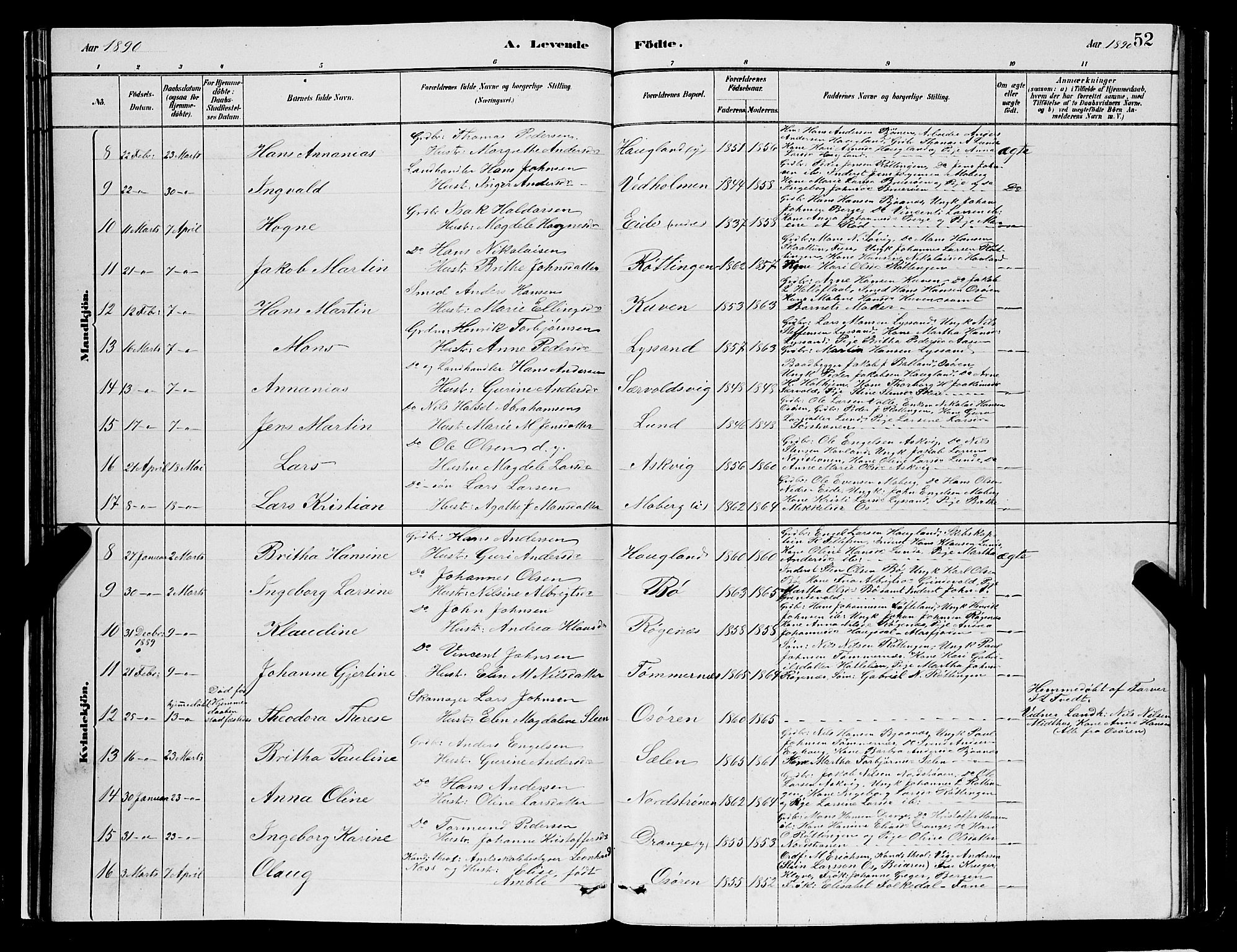 Os sokneprestembete, AV/SAB-A-99929: Parish register (copy) no. A 2, 1880-1896, p. 52