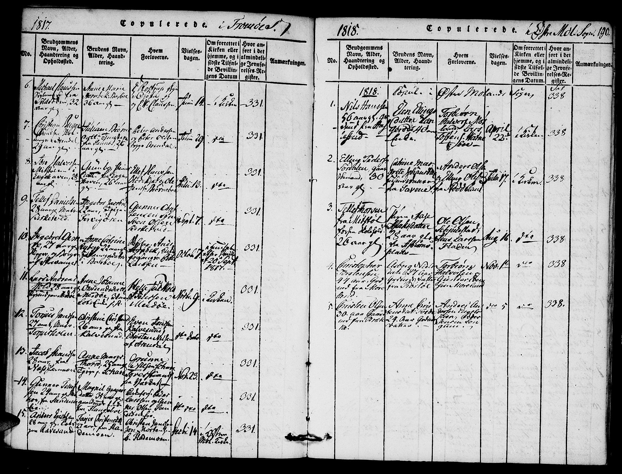 Austre Moland sokneprestkontor, SAK/1111-0001/F/Fa/Faa/L0004: Parish register (official) no. A 4, 1816-1824, p. 190