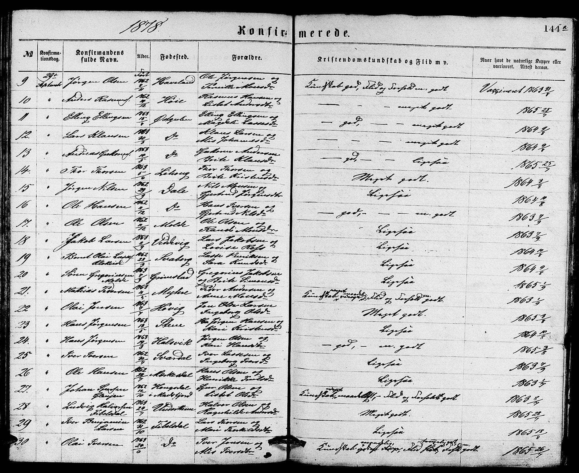 Gulen sokneprestembete, AV/SAB-A-80201/H/Hab/Habb/L0002: Parish register (copy) no. B 2, 1867-1883, p. 144