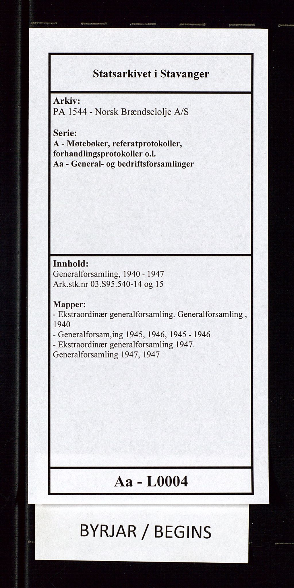 PA 1544 - Norsk Brændselolje A/S, AV/SAST-A-101965/1/A/Aa/L0004/0002: Generalforsamling / Generalforsam,ing 1945, 1946, 1945-1946, p. 1